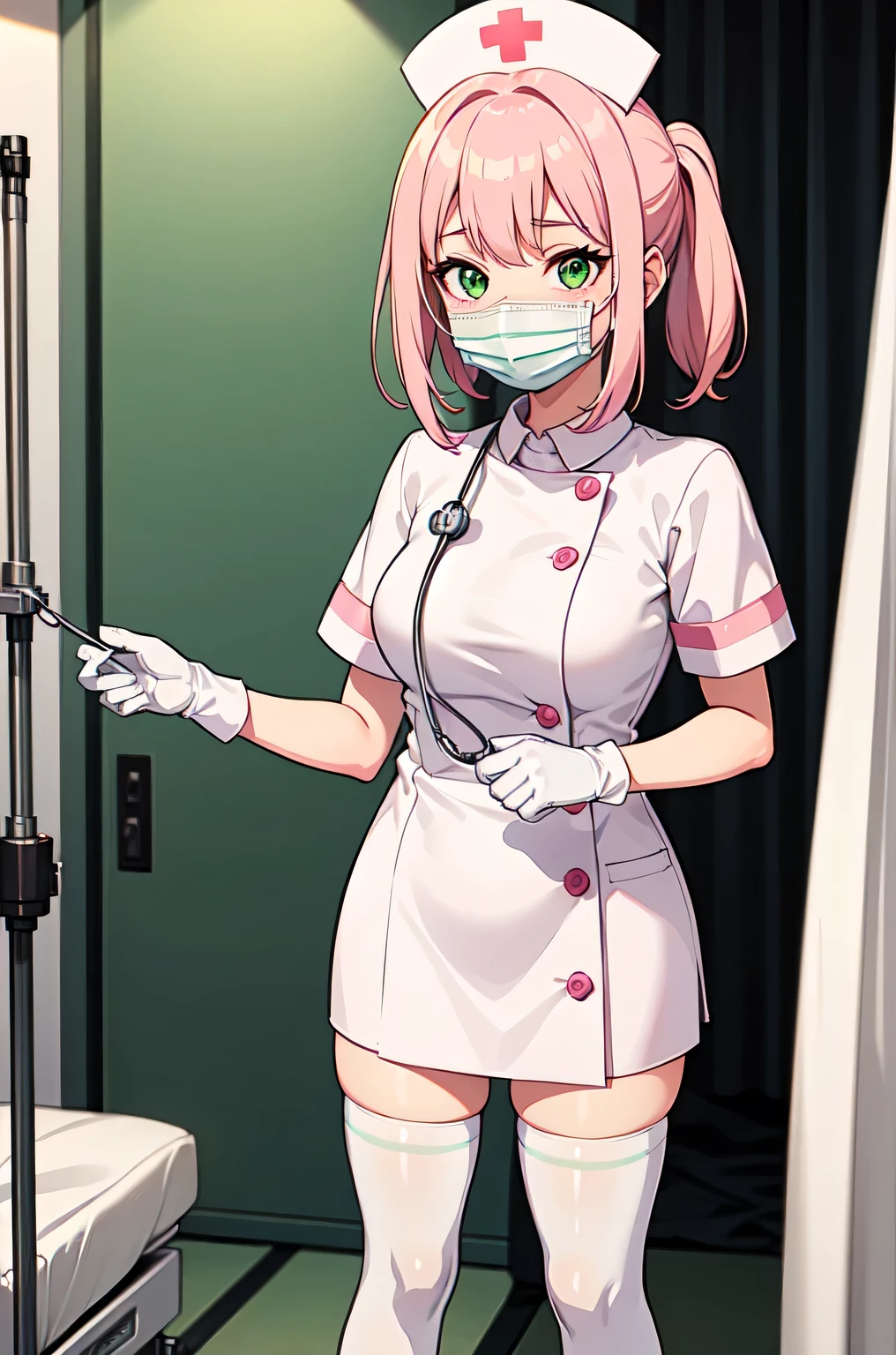 1girl, solo, nurse, white nurse cap, white nurse uniform, ((white legwear, zettai ryouiki)), white gloves, pink hair, green eyes, drooping eyes, ((white surgical mask, covered nose)), standing, ((hospital room)), sharp outline, short sleeves, best quality, masterpiece