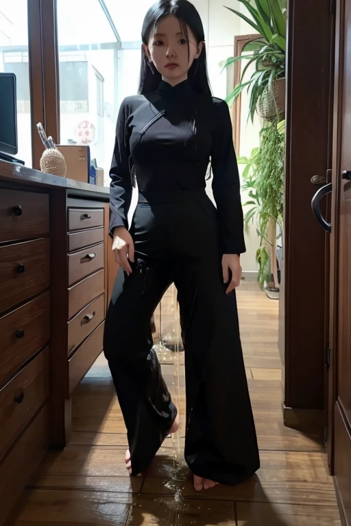 Vietnamese Girl sees the ghost and pees her black ao dai pants until her pants are wet in fright.