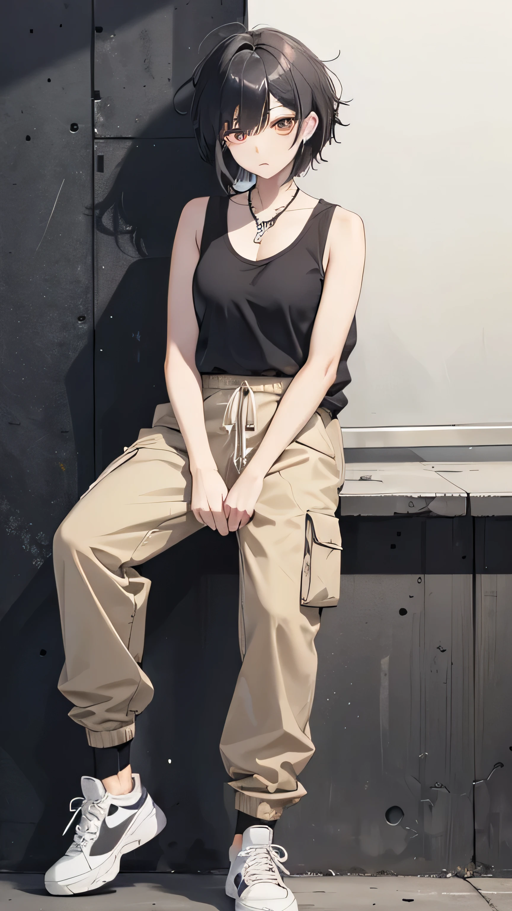 Korean woman, jujutsu kaisen, fair-skinned, black tank top, baggy beige khakis, messy short bob, black hair, sleek eyes, grunge, aesthetic, dark aesthetic, ominous, well-toned, muscular,, full body, reference art, mid-20s, stern, solo, messy hair, bedhead, messy strands, white nike sneakers, tall, tomboy, standing, beige baggy khakis, cargo pants, messy hair, silver necklaces, drop earrings, wild hair, beige khakis