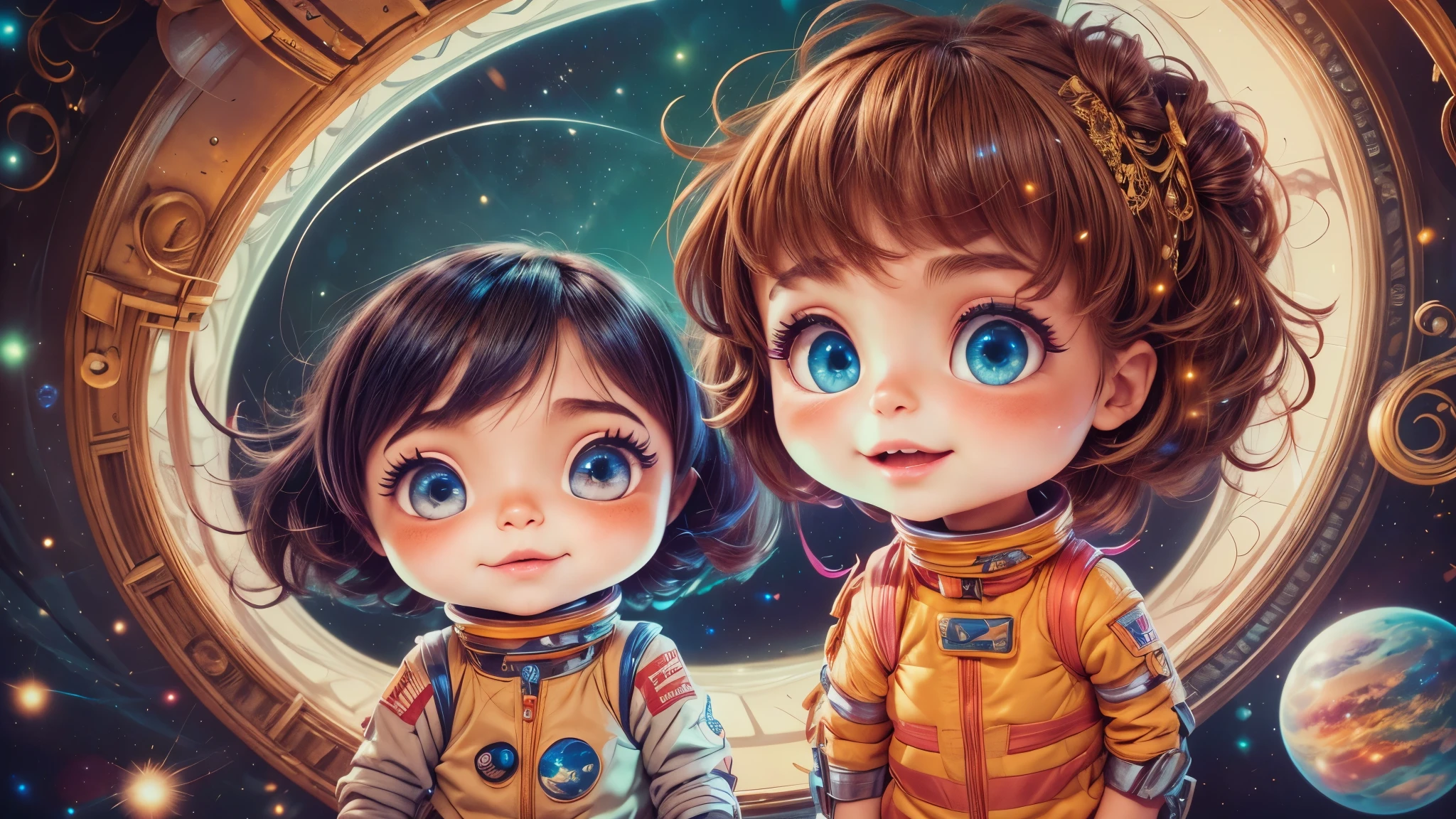 Cartoon illustration of a boy and a girl in space with cat, official fan art, in space, kitten in outer space, in outer space, in deep space, in galaxies, deep space exploration!!!, space travel, wearing in stars and planets, outer space, outer space, starry sky in space, in space, official art, space, on a spaceship, colorful, cute, more detailed, light, more realistic, cartoon