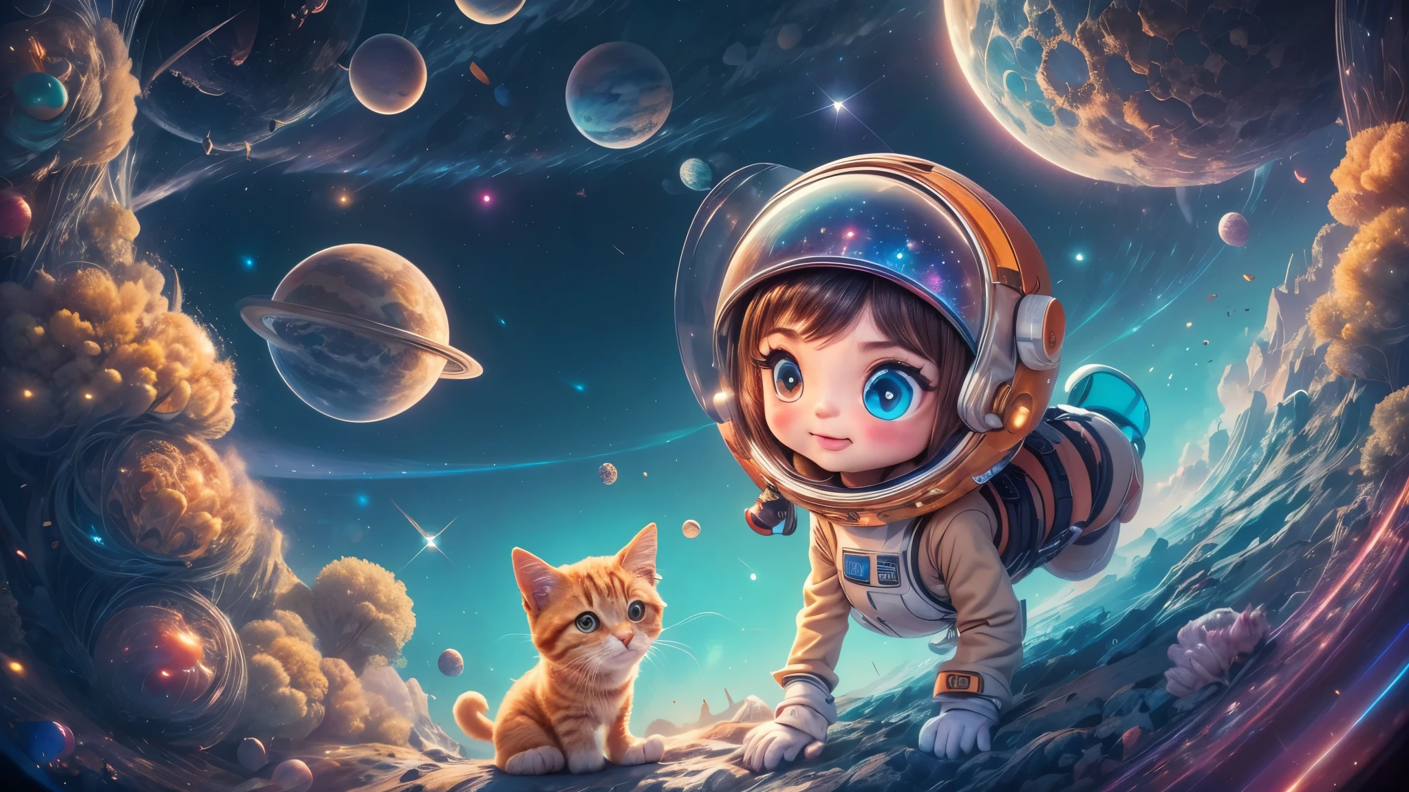 Cartoon illustration of a boy and a girl in space with cat, official fan art, in space, kitten in outer space, in outer space, in deep space, in galaxies, deep space exploration!!!, space travel, wearing in stars and planets, outer space, outer space, starry sky in space, in space, official art, space, on a spaceship, colorful, cute, more detailed, light, more realistic, cartoon