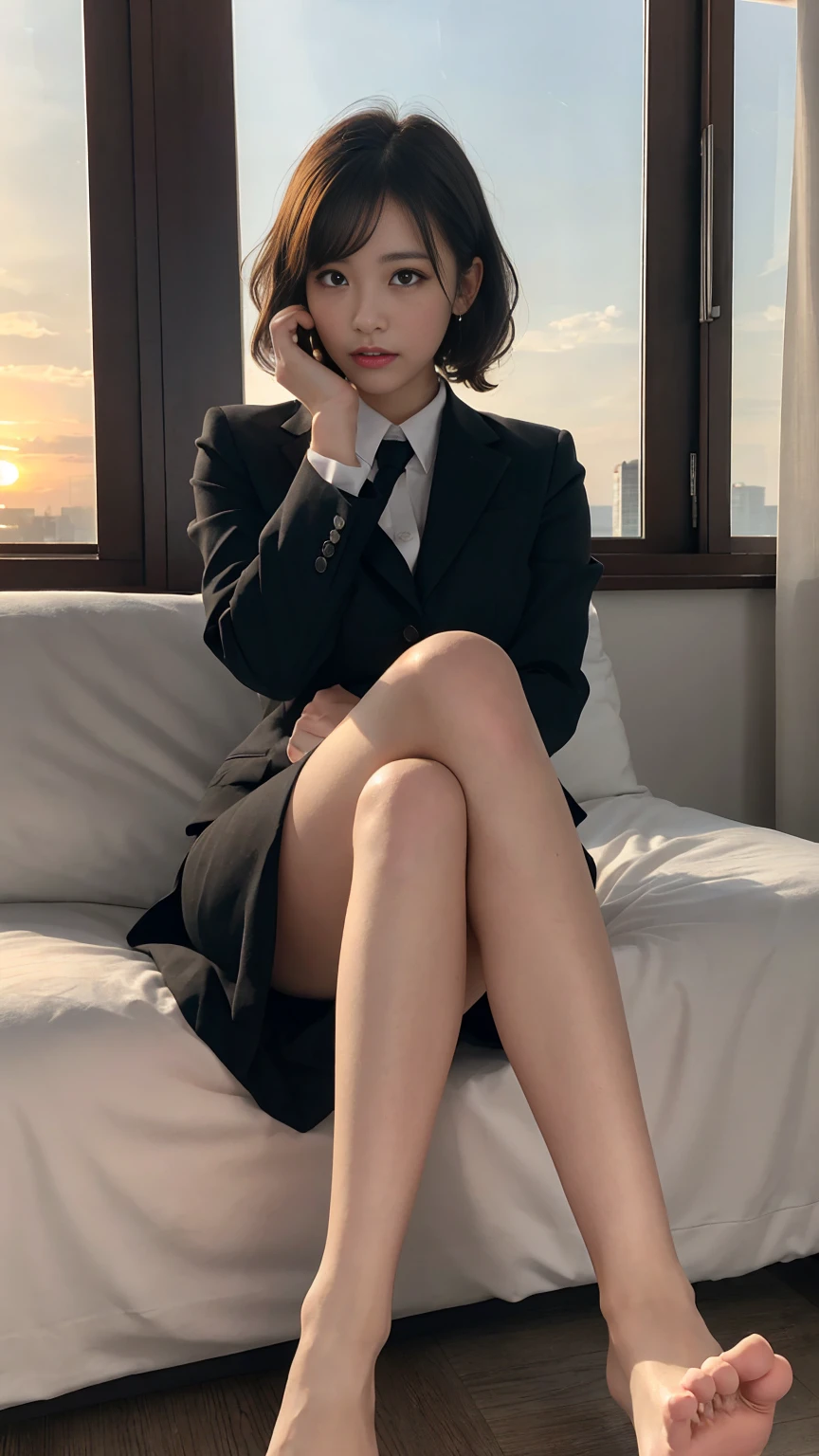 masterpiece, highest quality, figure, Very detailed, Fine details, High resolution, 8k,wallpaper, Perfect dynamic composition,(Detailed high quality, Realistic depiction of eyes:1.3), short hair, (Wavy Hair:1.2), office lady, ,suit,Collared shirt, Black suit,Black jacket, Huge breasts,  Black hair color, Big Natural Color Lip, Bold sexy pose, Crying a little、Cold Stare, Harajuku Style、20-year-old girl、Cute type、ta、Beautiful feet, Hotel Rooms, Full body photo、Focus on the groin, Gravure idol pose, sexy shot looking at camera, sunset, By the window, summer, compensate, curve