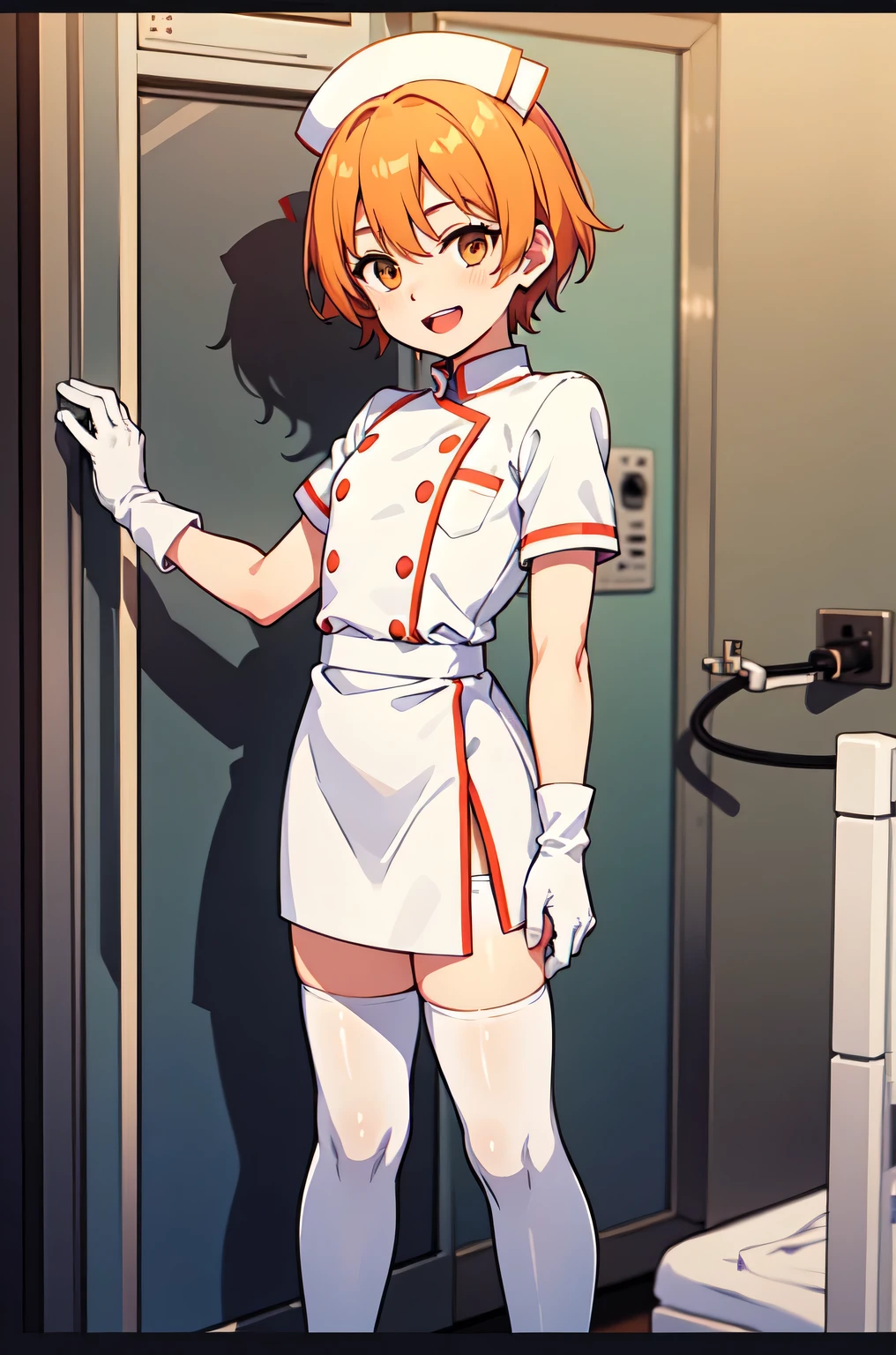 1boy, solo, male focus, nurse, white nurse cap, white nurse uniform, ((white legwear, zettai ryouiki)), white gloves, short hair, orange hair, smile, open mouth, standing, ((hospital room)), sharp outline, short sleeves, shota, 12 years old, best quality, masterpiece