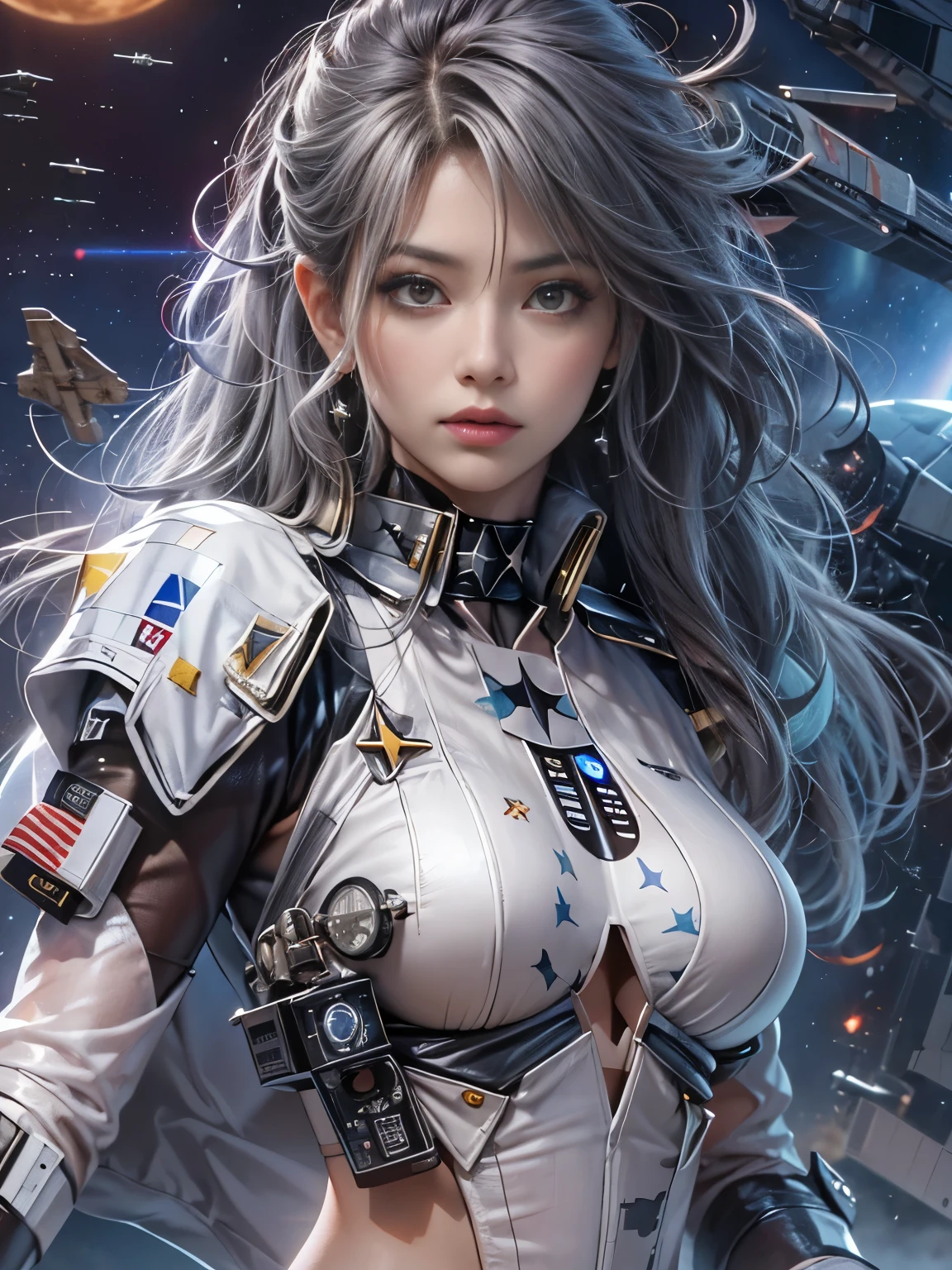 Zerg Queen Beautiful Girl: Ranlinger, 18 years old with slim body, (starfighter:1.6), Messy Hair, beautiful Perfect Face, Soft Skin, Perfect Face, Yasutomo Oka's painting style, Big firm Breasts, hard nipples, mechanical robot suit, breasts exposed, cleavage is exposed, Add light purple and purple, Add Light Red, Intricate details, Splash screen, 8K resolution, masterpiece, Sexy, Sharp Eyes, Break, white silver, dynamic sexy poses, sweat, (in battle, starship, starwars:1.4), Sharp Eyes, Break, Strong winds, Colorful light, stars, moon, universe 