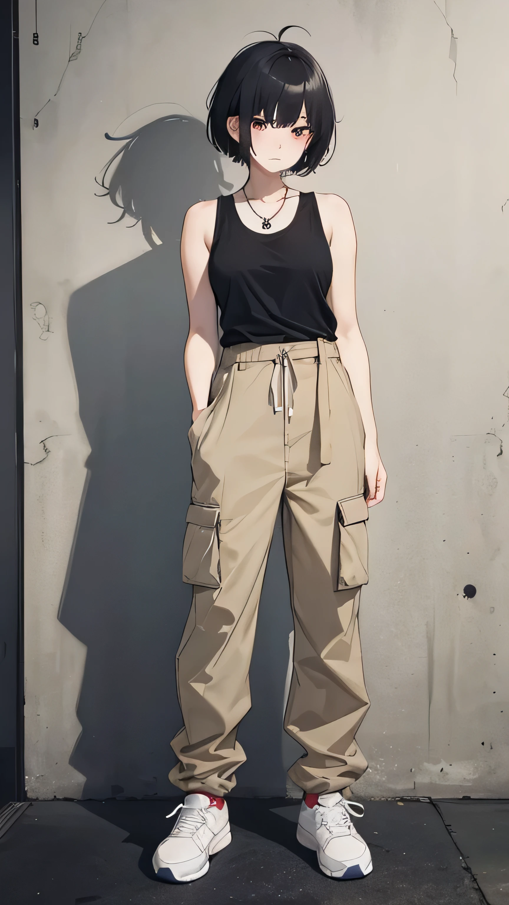 Korean woman, jujutsu kaisen, fair-skinned, black tank top, baggy beige khakis, messy short hair, black hair, sleek eyes, grunge, aesthetic, dark aesthetic, ominous, well-toned, muscular,, full body, reference art, mid-20s, stern, solo, messy hair, bedhead, messy strands, white nike sneakers, tall, tomboy, standing, beige baggy khakis, cargo pants, messy hair, silver necklaces, drop earrings, wild hair, beige khakis