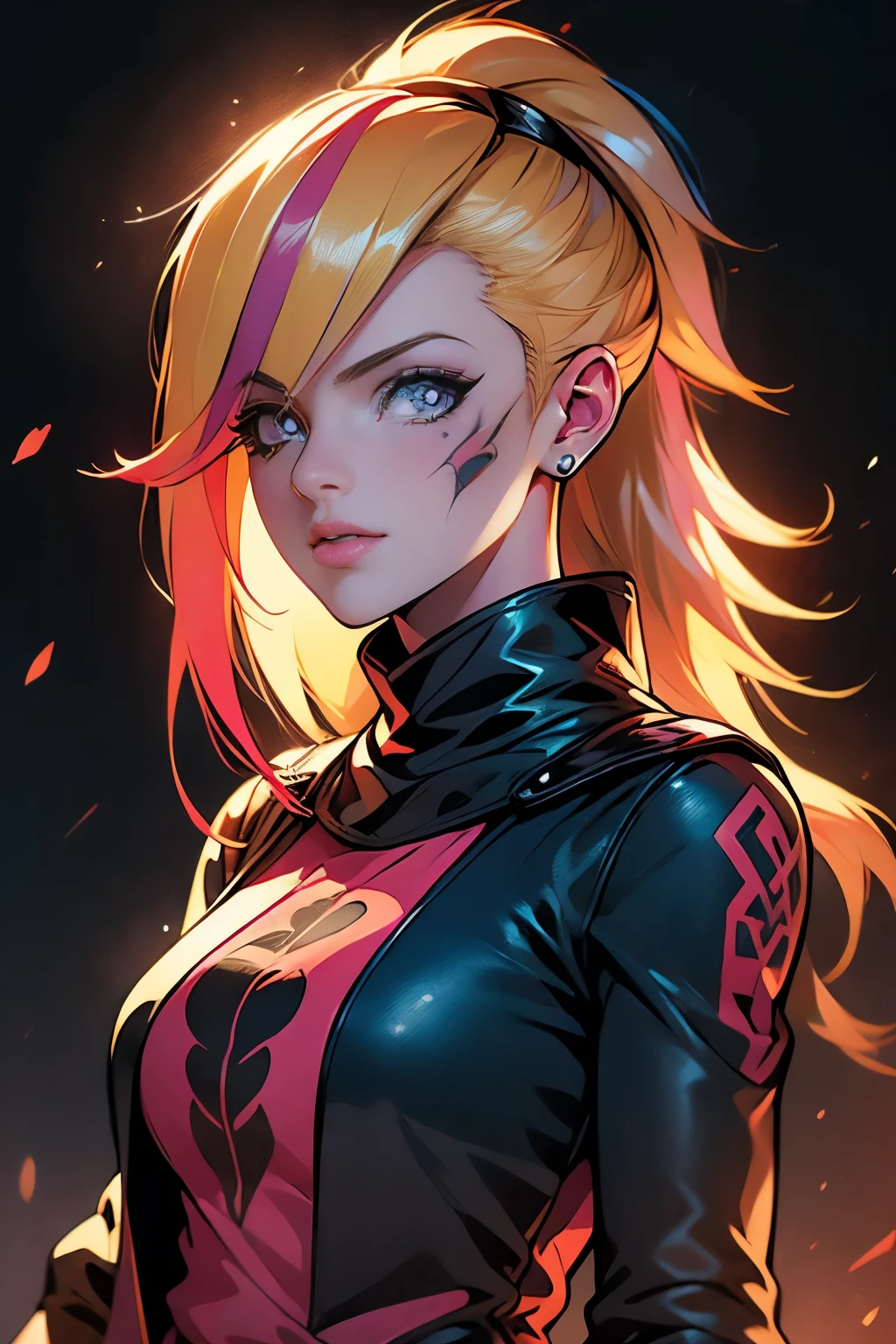(best quality,ultra-detailed,realistic:1.37),soft lighting, professional, vibrant colors, fine art, digital painting, bokeh.Woman, gorgeous, ultra detailed face, ultra detailed hair, long eyelashes, ultra long hair, glowing eyes, glowing lips, mouth is a little opened, portrait, closed up, looking to the viewer, sharp eyes, sexy look, cleavage, hair over one eye