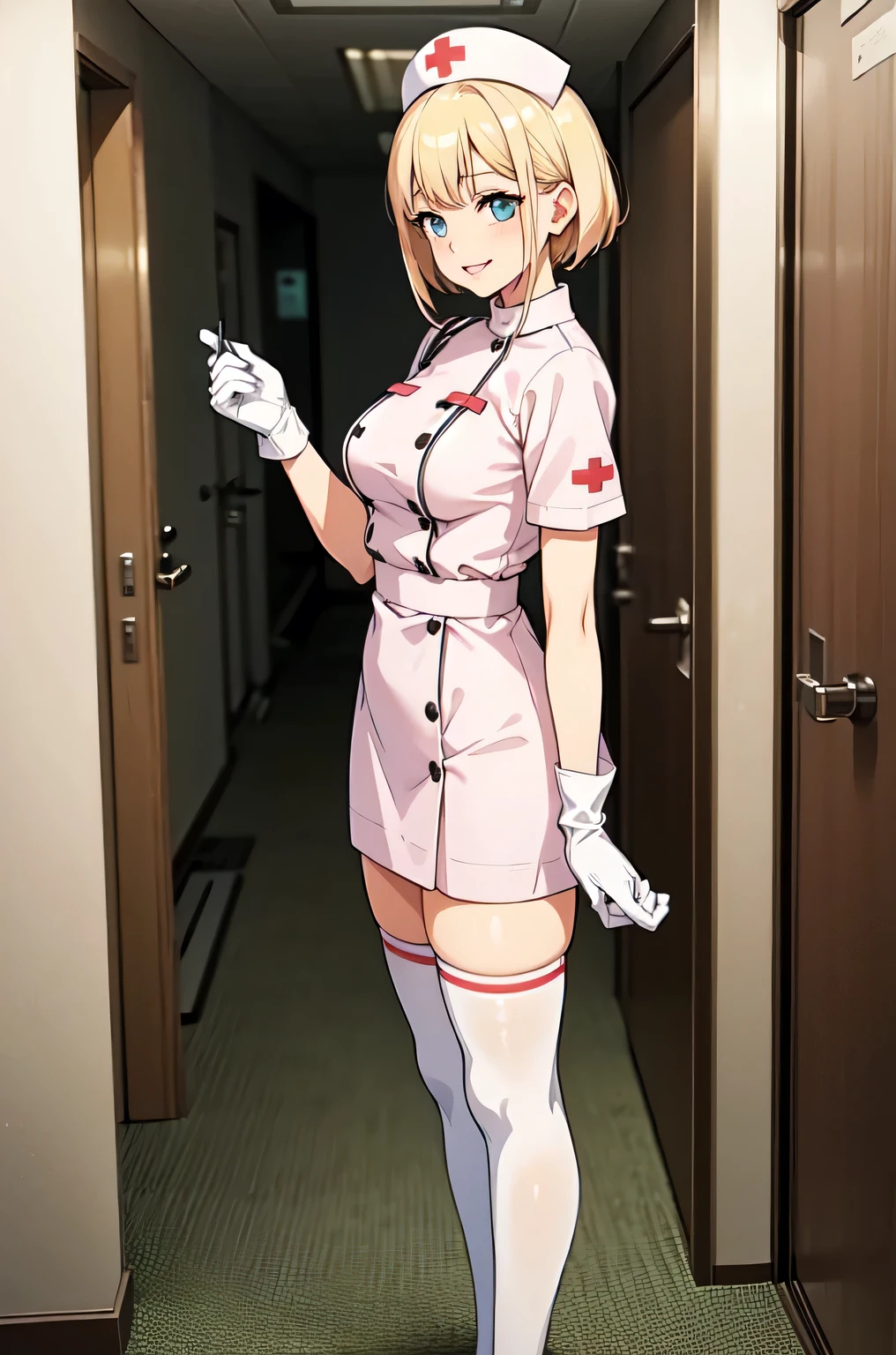 1 female, alone, nurse, nurse cap, Whiteware, ((white legwear, zettai ryouiki)), white gloves, blonde hair, blue eyes, pink lips, smile, Are standing, ((hospital room)), sharp outline, short sleeve, mature woman, 35 years old, highest quality, masterpiece