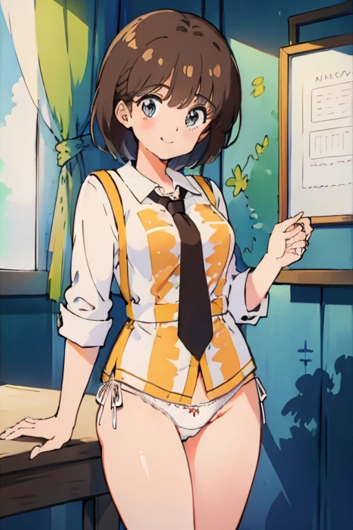 (masterpiece, high quality), 1girl, big chest, white school shirt, tie, (white panties),, in a clothing store, (choosing clothes), smile, vibrant colors, best shadows, volumetric lighting, watercolor