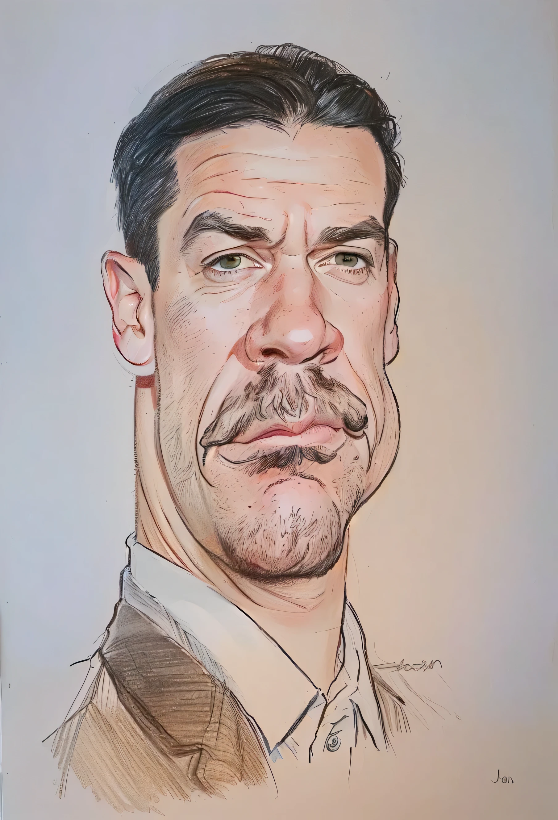 un dibujo de un hombre con bigote y camisa, caricatura, un retrato de josh brolin, retrato de dibujos animados, caricatura style, caricatural, caricatura illustration, jim carrey caricatura realism, caricatura!!!, Retrato de Mr Bean, inspirado en John Gibson, Retrato de John Cena, dibujado al estilo de mark arian, detailed illustration portrait