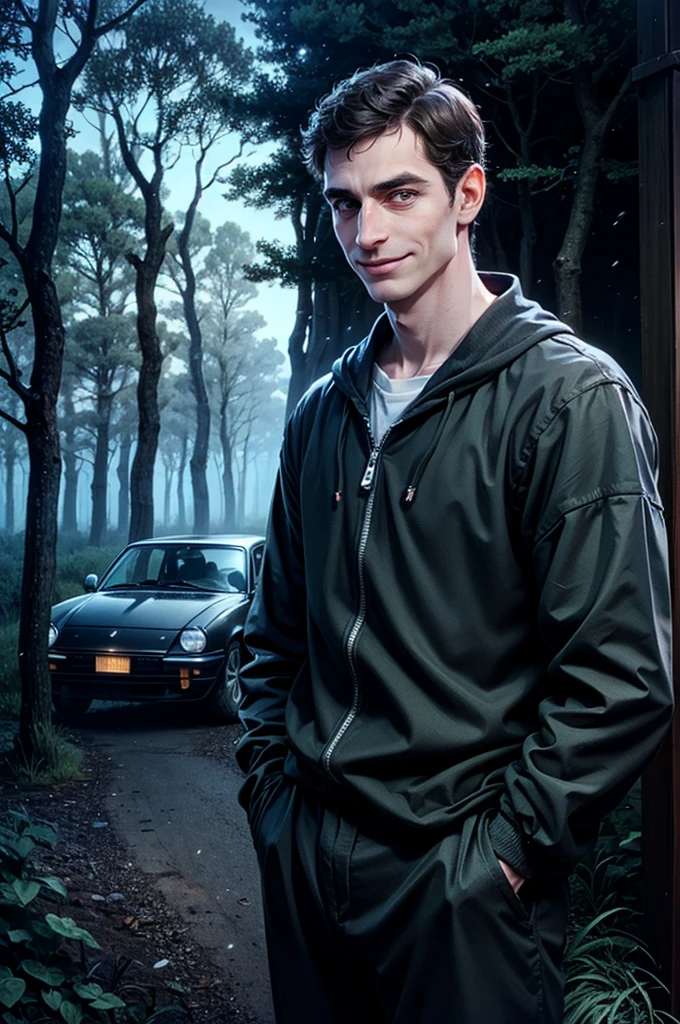 Ted Bundy standing by his car in the woods at night。He is dressed casually、Has a creepy smile。Trees in the background々And darkness spreads。