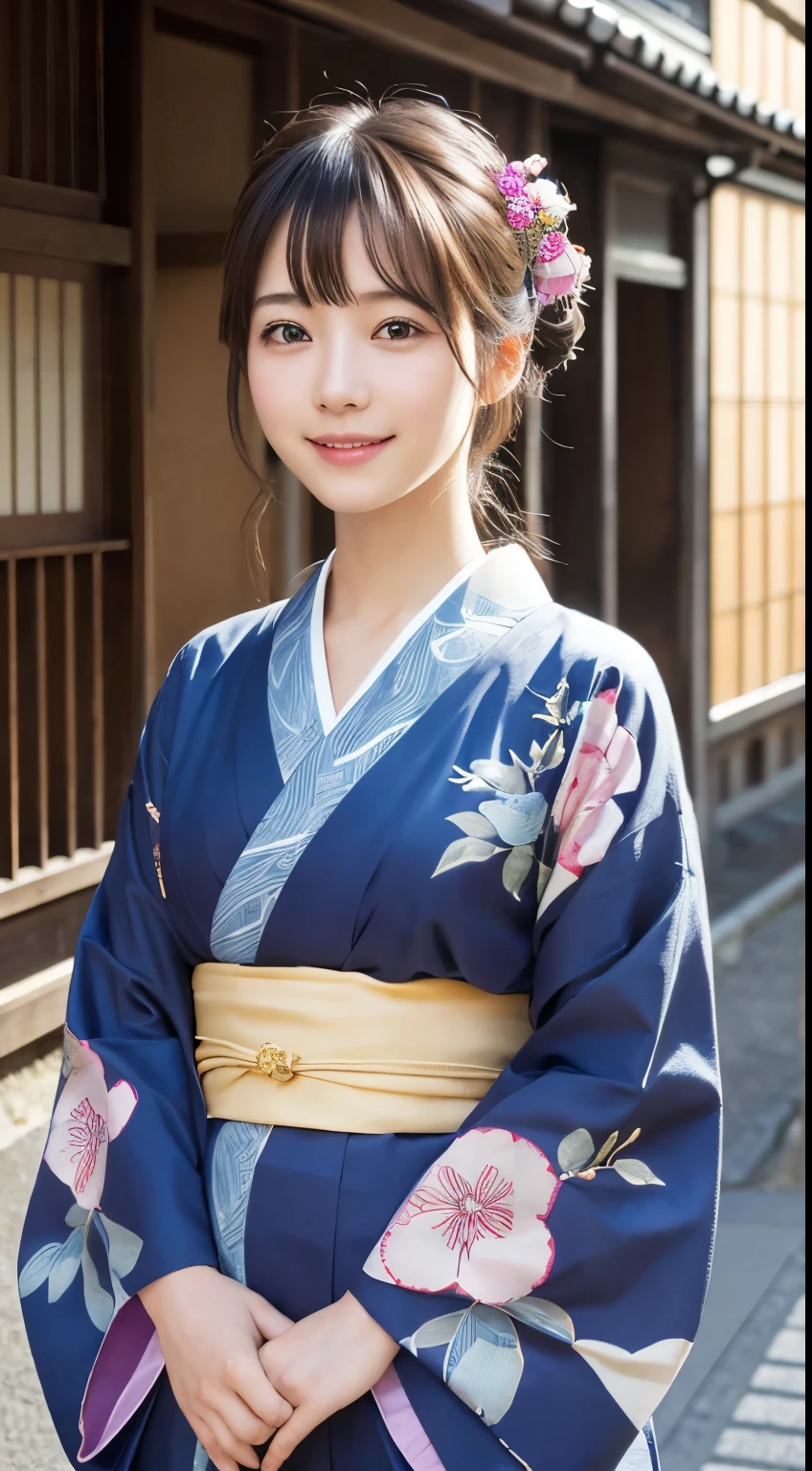 Professional Lighting,(Photorealistic:1.4), (Top image quality:1.0), (超A high resolution:1.0), 8k, Raw photography, (masterpiece:0.2), (Facing the children_v1:0.5)、(最高quality Detail:1.2)、Realistic、8K Ultra HD、High resolution、(1 girl:1.2)、超detailedな、High quality textures、複雑なdetailed、detailed、Very detailed CG、High quality shadows、detailed 美しく繊細な顔、Beautiful details and a delicate eye、(Symmetrical eyes:1.2),Written boundary depth、Ray Tracing,1 girl, Japanese Girls, (Natural smile:1.4),cute, thin, Portrait of a beautiful Japanese woman in a kimono, Standing elegantly on a street corner in Kyoto. Kimono with vibrant traditional patterns, Hair decorated with elegant and delicate hairpins, Gentle expression. (With the old streets of Kyoto in the background:1.4)、The soft light of a spring afternoon、Adding tranquility to the scene. Rendered in a Realistic style with great attention to detail, High resolutionの画像.Sky Porn, Magic Hour, (Realistic:1.3), finely, quality, (Tabletop:1.2), (Realistic:1.2), (最高quality), (複雑なdetailed), dramatic, Ray Tracing, photograph, +roller