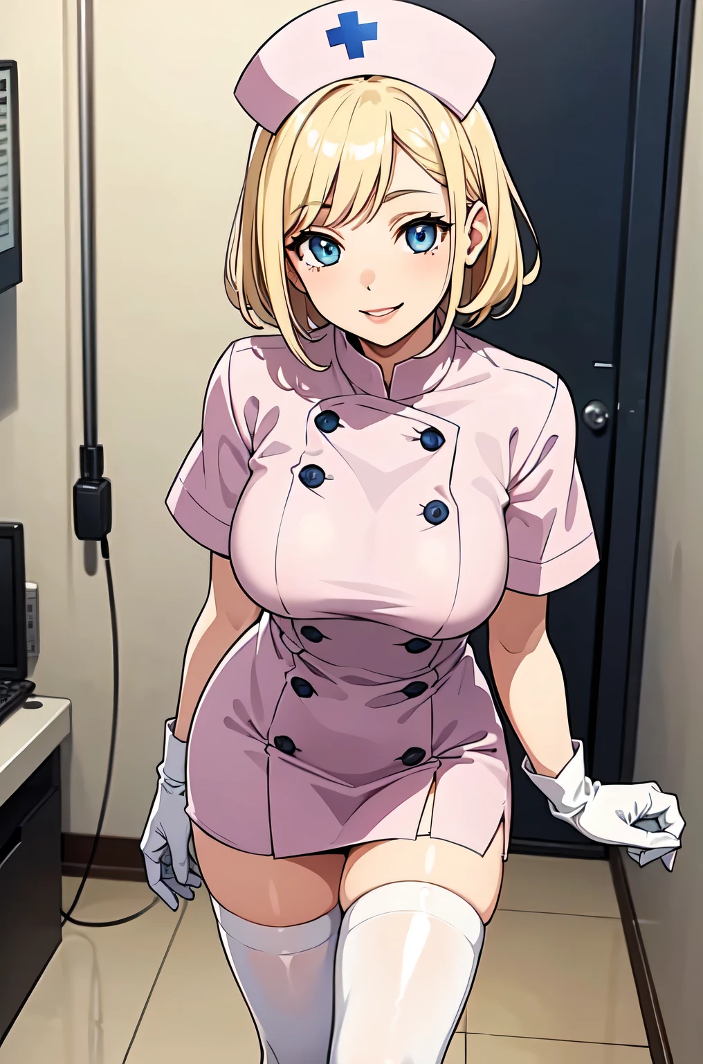 1girl in, Nurse, Nurse Cap, Whiteware, ((White legwear, zettai ryouiki)), White Gloves, Blonde hair, Blue eyes, pink lipsticks, Smile, Standing, ((Hospital room)), sharp outline, Short sleeves, Best Quality, masutepiece