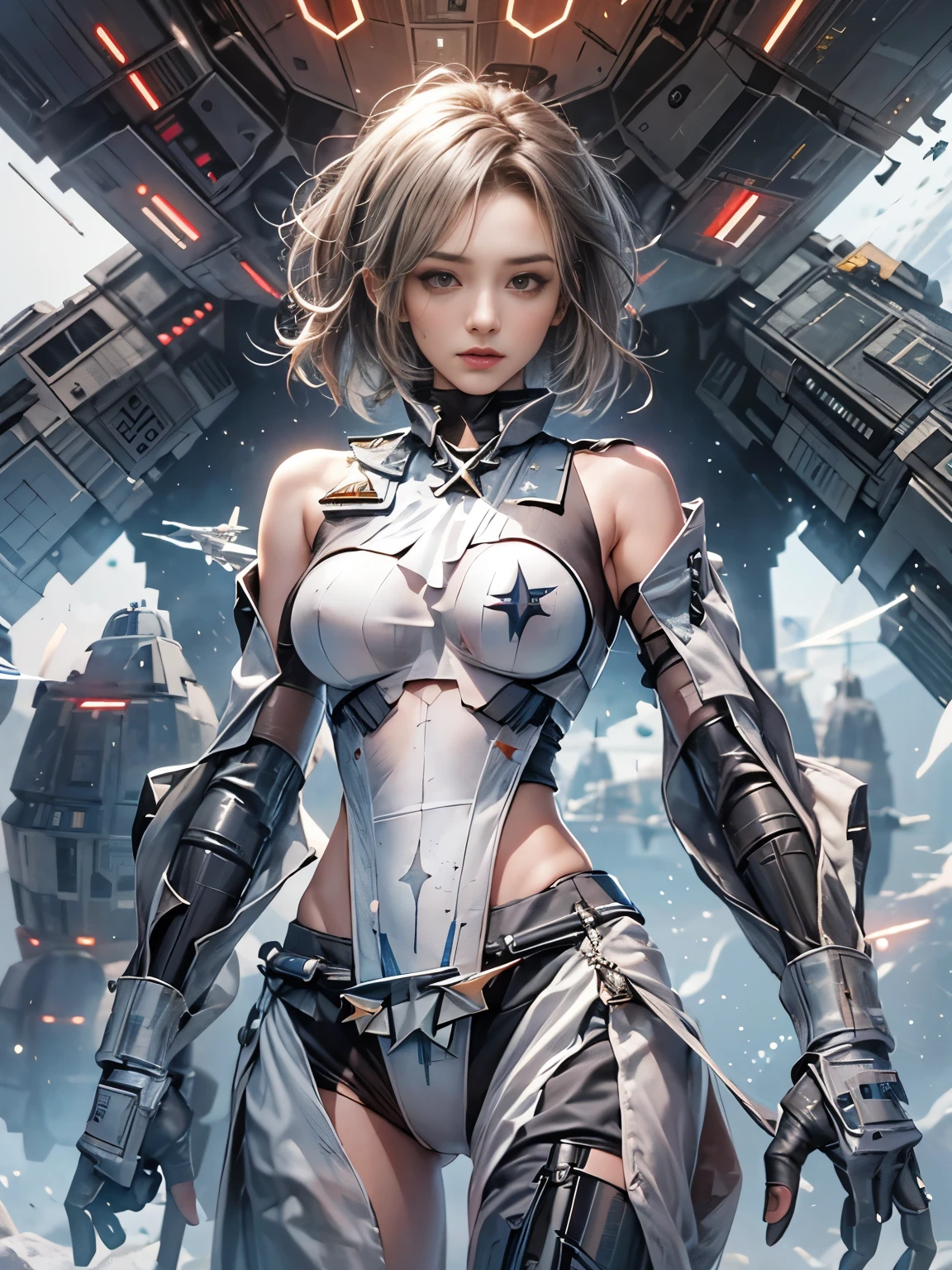 Zerg Queen Beautiful Girl: Ranlinger, 18 years old with slim body, (starfighter:1.6), Messy Hair, beautiful Perfect Face, Soft Skin, Perfect Face, Yasutomo Oka's painting style, Big firm Breasts, hard nipples, mechanical robot suit, breasts exposed, cleavage is exposed, Add light purple and purple, Add Light Red, Intricate details, Splash screen, 8K resolution, masterpiece, Sexy, Sharp Eyes, Break, white silver, dynamic sexy poses, sweat, (in battle, starship, starwars:1.4), Sharp Eyes, Break, Strong winds, Colorful light, stars, moon, universe