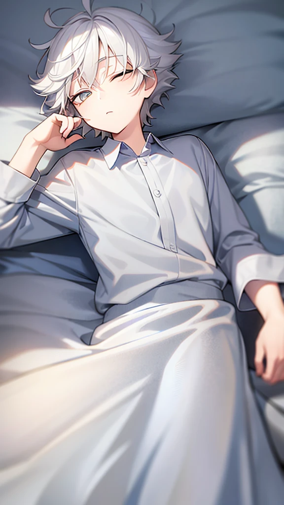 white hair, short hair, messy hair, grey eyes, prince clothes, sleeping