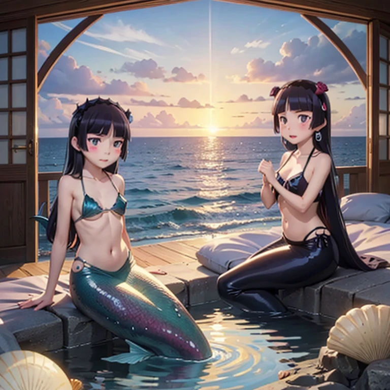 ((ruri gokou)), 1girl, blush, black hair, mole, mole under eye, (shell), scale, Tail fin, Fairy, Water Spirit, ocean生物, Sea surface, Sunset, Orange, (The Little Mermaid), (fin headband), mermaid earrings, seashell bikini, (mermaid sitting), full body, (Rocky area), Soft colors, Wave, (Seaside), (field), Blue-green, 光のreflection, beautiful, Romantic, mysterious, dreamy, Picturesque, Shine, watercolor style, harmony, Natural Beauty, soft, Warm Light, grace, Transparency, ocean, Dreamy, evening, reflection, harmonious, Romantic, Warmth, Fantasy