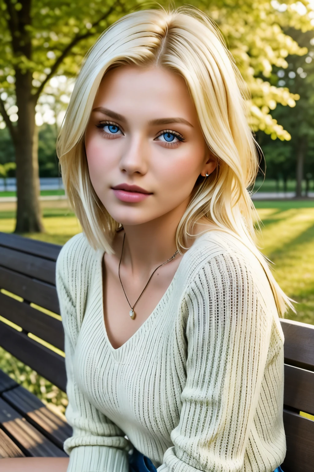 One Girl, 19 years old, alone, Long Hair, huge , View Viewer, Blonde, short hair, Small Bust, Detailed eyes, Upper Body, Sit on a bench, necklace, sweater, Outdoor, Realistic, sexy, Arms between legs