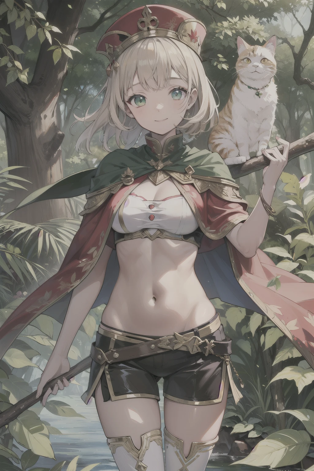 fantasy, 1forest林_element_girl, Fighting, (use_Leaves_clothing, green_Leaves_cover, Leaves_cover_Cat)+++,Dynamic_posture_permanent, Light_Smile, Sleepy, Moderate_hair, belly button,(dark_skin)+, Oil, (Winding_vine_About_trunk)++,,forest, Trees_background, Leaves_hat, green_Leaves_cape, catch_Large target_long_staff, thigh,( (8K:1.27), Top quality, masterpiece, Ultra-high resolution:1.2) Photo of a cute girl (beautiful:1.1),((best quality)), ((masterpiece)), (detailed), Perfect face