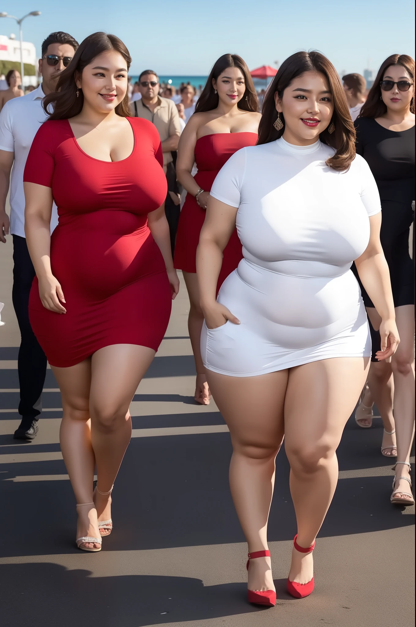 3Fatgirls , fat body , thick body , thick waist and thick hips ,  , soft curvy body sape , thick hips , widest hips ,smooth whight skin , round face , red lips , smile , long brown stable heir , long lage, red shoes large   breasts, large hip, one hand in pocket , jeance pant,  Yallow long shorts, full body view long distance camera angle , shiny dress Face around back side , hip on front on camera , environment night sunny beach, back multiple people walking Crowd , Thick body ,fat body , curve shap body, widest hips , thick hips ,widest breast,  thick breast ,in water