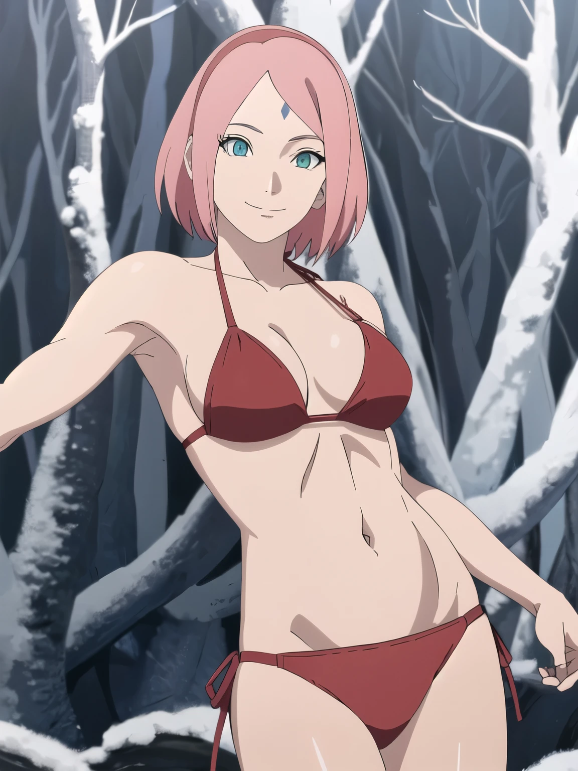 anime style, solo, 1 woman, warm, from right, close view, (laying on tree), super ultra details, bold drawing lines, very high resolution, perfect anatomy, ultra detailed face, high vibrance, (blue light), ((cold colors)), 1girl, haruno sakura, (slim body, warm skin, thin belly , off-shoulders, tiny biceps, slim arms, forehead mark, smile, hand leaning), ((red string bikini, red hair band)), looking at viewer, (forest), floating hair, big smile, cowboy shot, (reddish hair, detailed hair, missy hair, short hair), spring time, attractive colors
