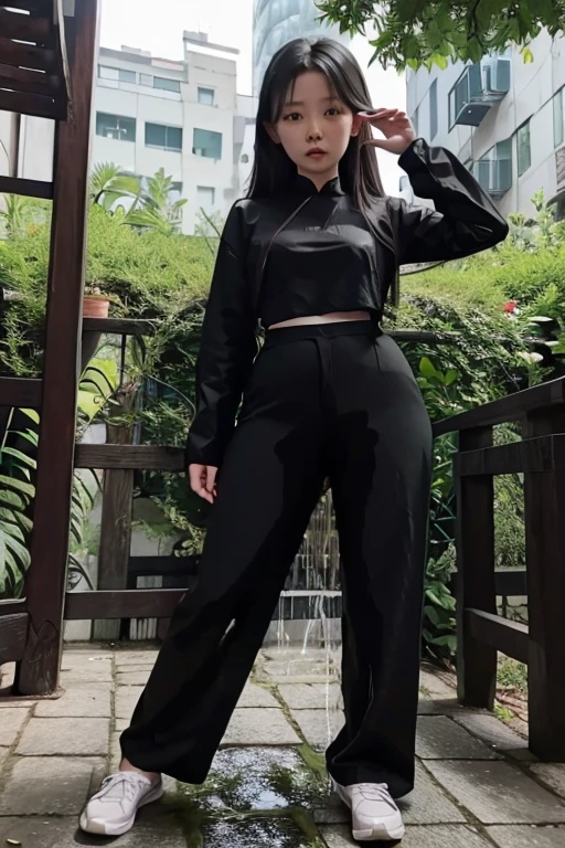 Vietnamese Girl sees the ghost and pees her black ao dai pants until her pants are wet in fright.