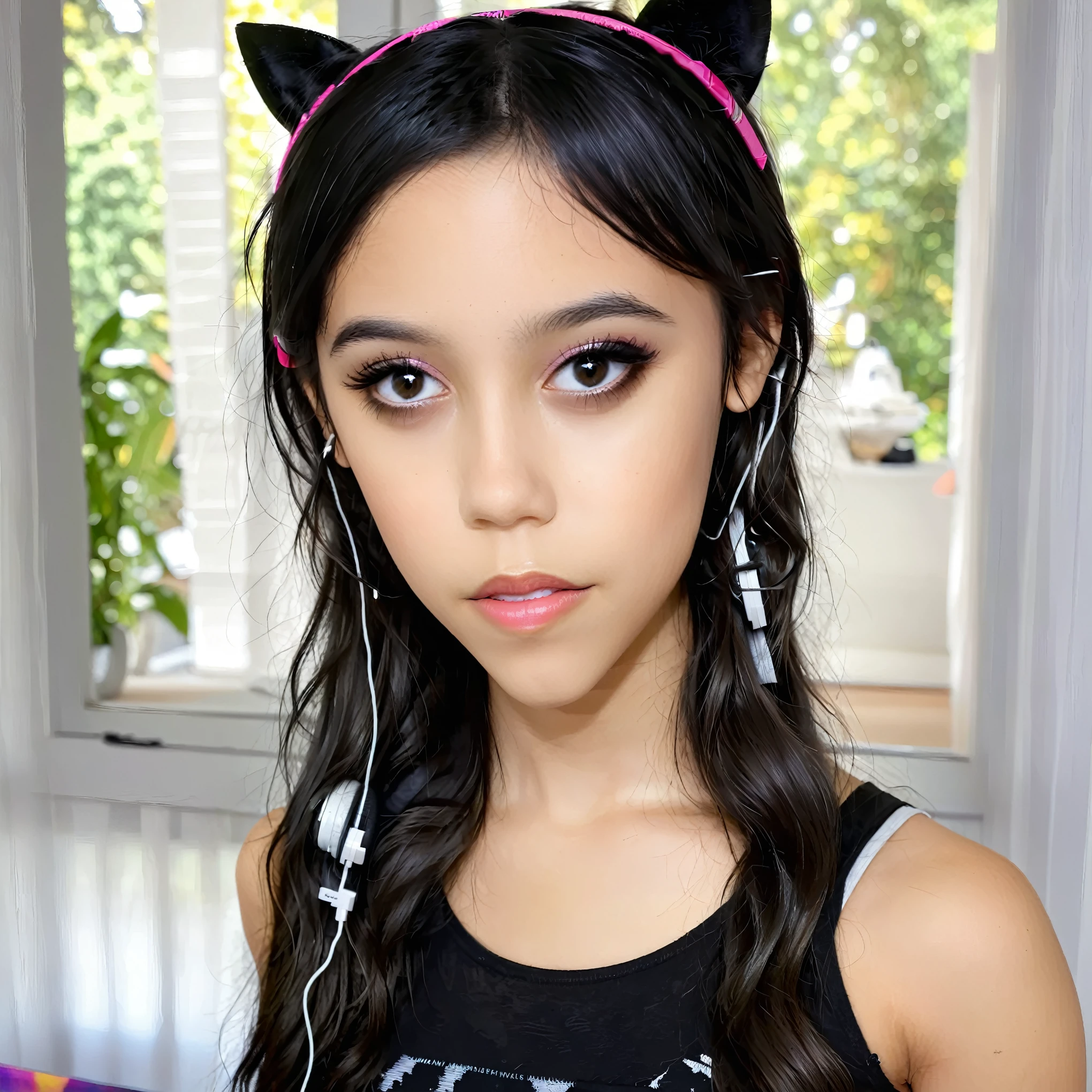 Jenna Ortega with headphones standing in front of a window, Sie hat schwarze Haare mit Pony, foodtease, sieht aus wie Jenna Ortega, perfektes Gesich, ihr Gesicht sieht aus wie eine Orchidee, beautiful latina face, pretty face!!, perfektes Gesicht!!, sie sieht aus wie eine Mischung aus Grimes, Very pretty face, Wunderpretty face