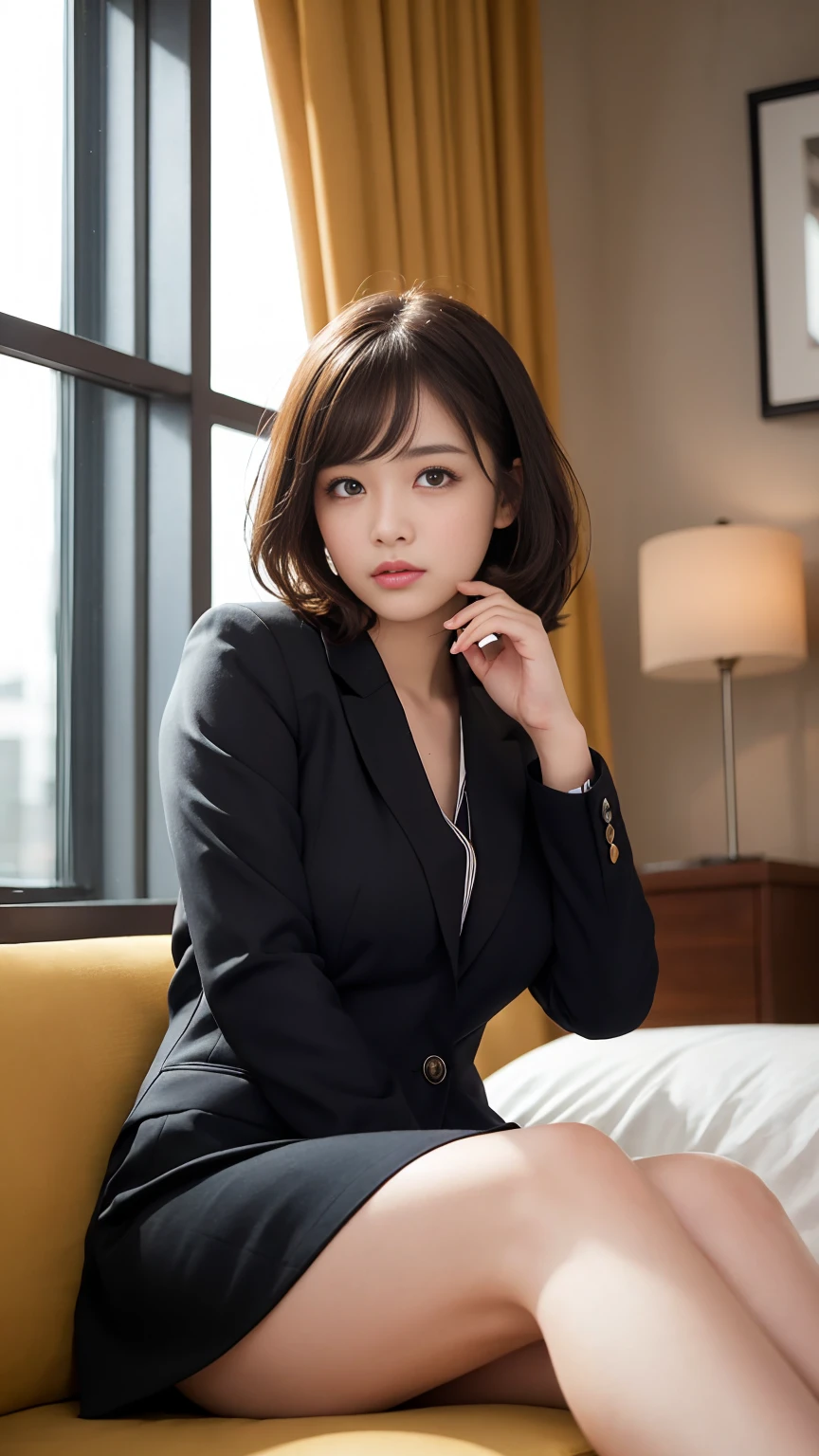 masterpiece, highest quality, figure, Very detailed, Fine details, High resolution, 8k,wallpaper, Perfect dynamic composition,(Detailed high quality, Realistic depiction of eyes:1.3), short hair, (Wavy Hair:1.2), office lady, ,suit,Collared shirt, Black suit,Black jacket, Huge breasts,  Black hair color, Big Natural Color Lip, Bold sexy pose, Crying a little、Cold Stare, Harajuku Style、20-year-old girl、Cute type、Lolita、Beautiful feet, Hotel Rooms, Full body photo、Focus on the groin, Gravure idol pose, sexy shot looking at camera, sunset, By the window, summer, compensate, curve