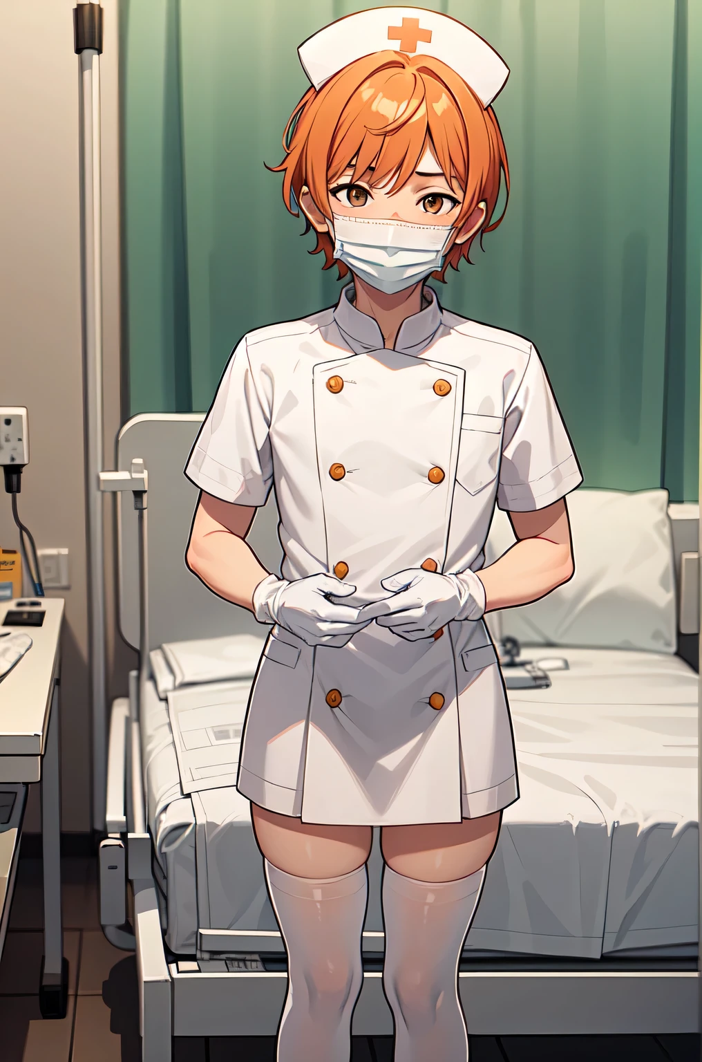 1boy, solo, male focus, nurse, white nurse cap, white nurse uniform, ((white legwear, zettai ryouiki)), white gloves, short hair, orange hair, ((white surgical mask, covered nose)), standing, ((hospital room)), sharp outline, short sleeves, shota, , best quality, masterpiece