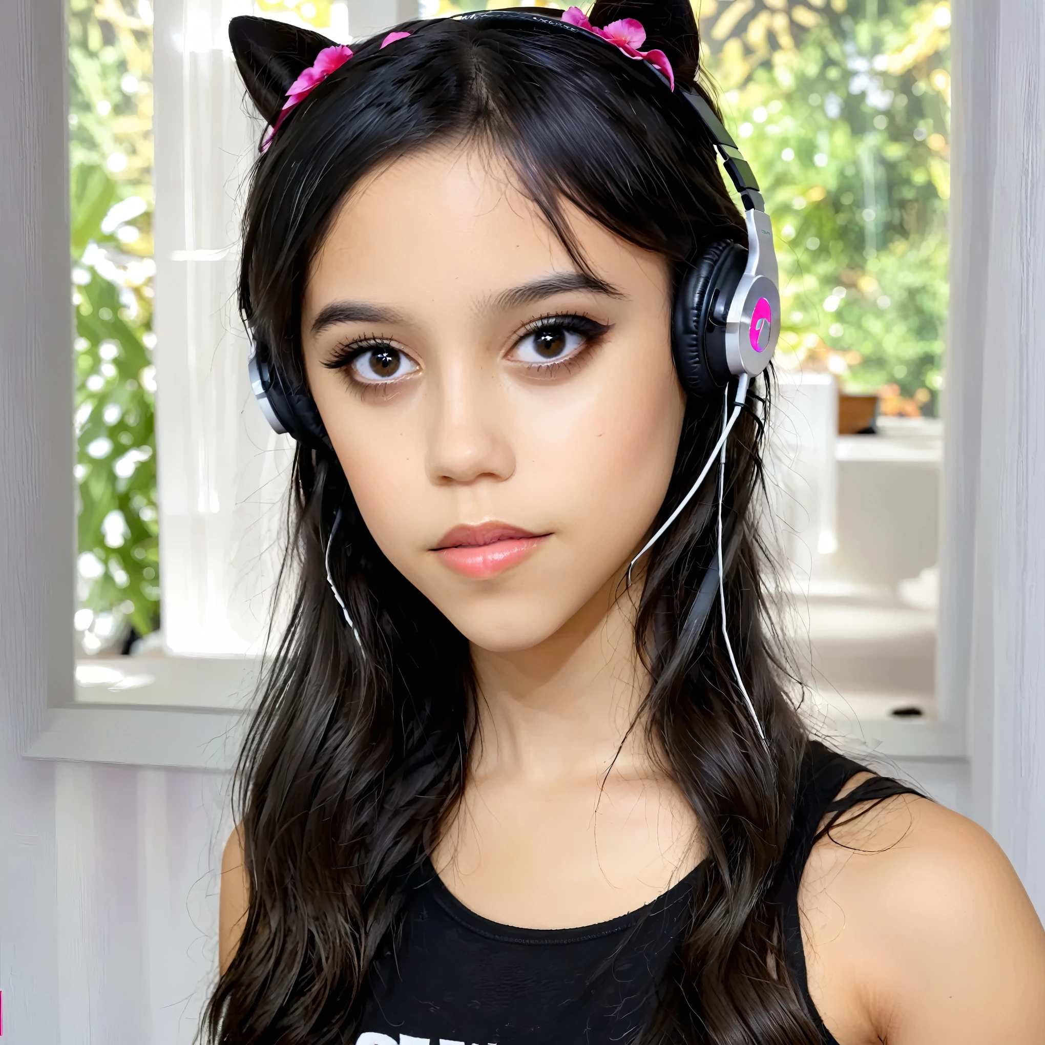 Jenna Ortega with headphones standing in front of a window, Sie hat schwarze Haare mit Pony, foodtease, sieht aus wie Jenna Ortega, perfektes Gesich, ihr Gesicht sieht aus wie eine Orchidee, beautiful latina face, pretty face!!, perfektes Gesicht!!, sie sieht aus wie eine Mischung aus Grimes, Very pretty face, Wunderpretty face