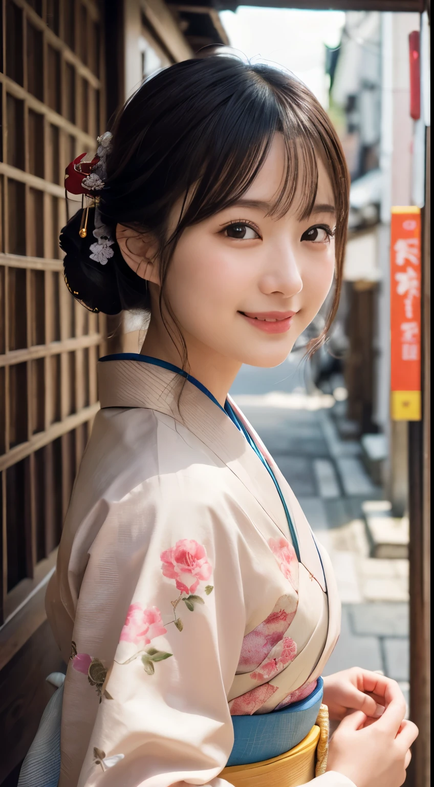 Professional Lighting,(Photorealistic:1.4), (Top image quality:1.0), (超A high resolution:1.0), 8k, Raw photography, (masterpiece:0.2), (Facing the children_v1:0.5)、(最高quality Detail:1.2)、Realistic、8K Ultra HD、High resolution、(1 girl:1.2)、超detailedな、High quality textures、複雑なdetailed、detailed、Very detailed CG、High quality shadows、detailed 美しく繊細な顔、Beautiful details and a delicate eye、(Symmetrical eyes:1.2),Written boundary depth、Ray Tracing,1 girl, Japanese Girls, (Natural smile:1.4),cute, thin, Portrait of a beautiful Japanese woman in a kimono, Standing elegantly on a street corner in Kyoto. Kimono with vibrant traditional patterns, Hair decorated with elegant and delicate hairpins, Gentle expression. (With the old streets of Kyoto in the background:1.4)、The soft light of a spring afternoon、Adding tranquility to the scene. Rendered in a Realistic style with great attention to detail, High resolutionの画像.Sky Porn, Magic Hour, (Realistic:1.3), finely, quality, (Tabletop:1.2), (Realistic:1.2), (最高quality), (複雑なdetailed), dramatic, Ray Tracing, photograph, +roller