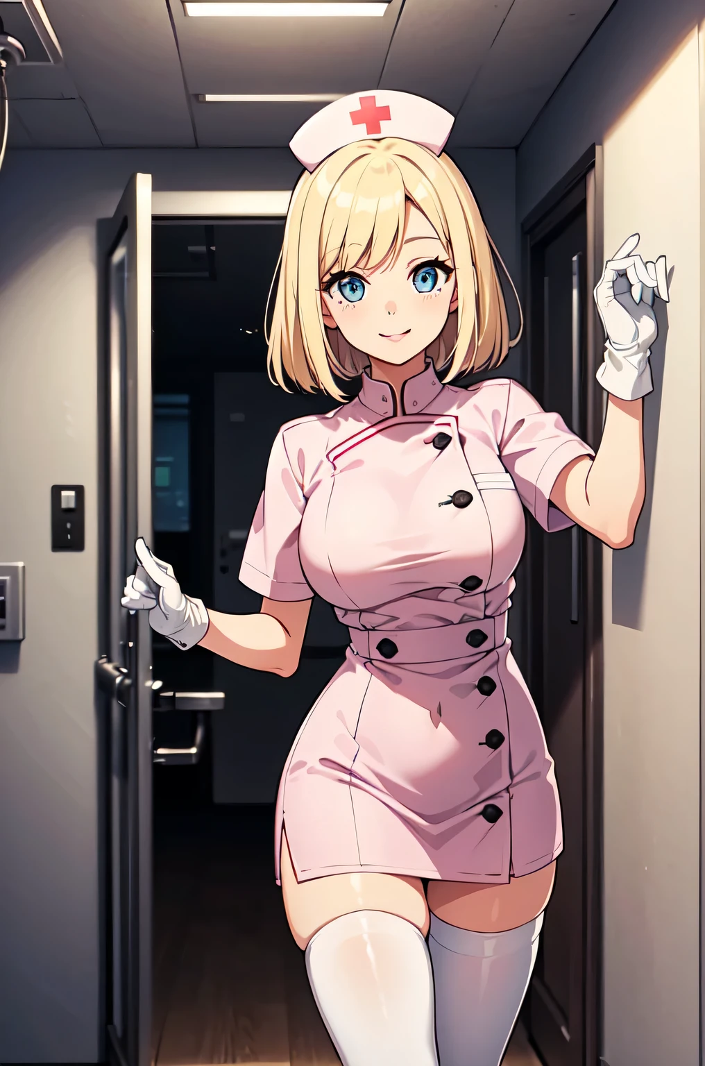 1woman, solo, nurse, white nurse cap, white nurse uniform, ((white legwear, zettai ryouiki)), white gloves, blonde hair, blue eyes, pink lips, smile, standing, ((hospital room)), sharp outline, short sleeves, mature female, 35 years old, best quality, masterpiece