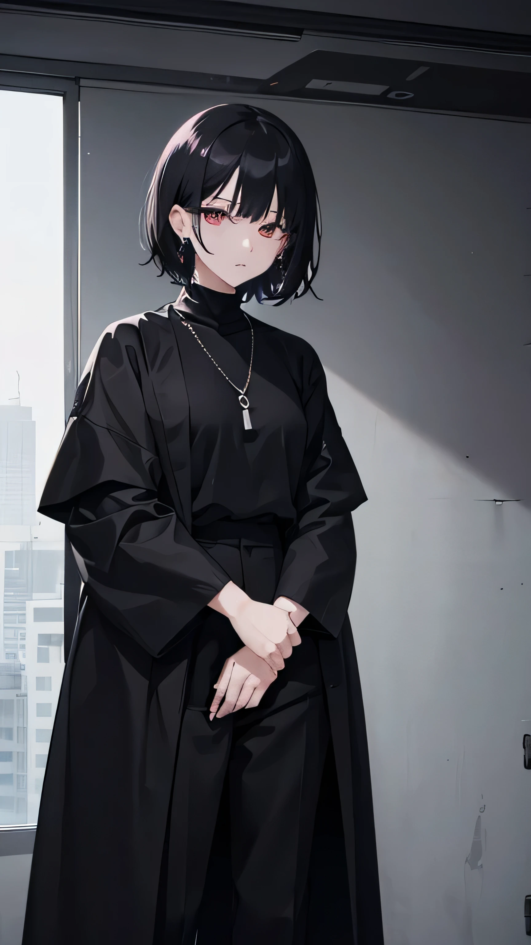 Korean woman, jujutsu kaisen, fair-skinned, messy short hair, black hair, sleek eyes, grunge, aesthetic, dark aesthetic, ominous, well-toned, muscular, mid-20s, stern, solo, messy hair, bedhead, messy strands, white nike sneakers, tall, tomboy, standing, messy hair, silver necklaces, drop earrings, wild hair, black turtleneck cloak, black pants