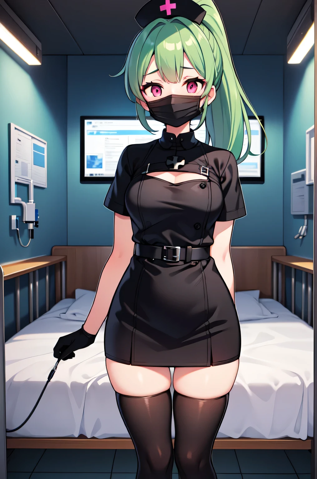 black nurse, 1girl, solo, black nurse cap, black nurse uniform, ((black legwear, zettai ryouiki)), black elbow gloves, ponytail, green hair, pink eyes, ((black surgical mask, covered nose)), standing, ((surgery room)), sharp outline, short sleeves, best quality, masterpiece