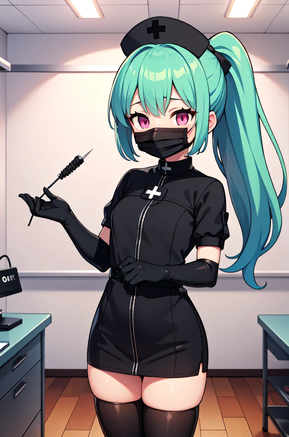 black nurse, 1girl, solo, black nurse cap, black nurse uniform, ((black legwear, zettai ryouiki)), black elbow gloves, ponytail, green hair, pink eyes, ((black surgical mask, covered nose)), standing, ((surgery room)), sharp outline, short sleeves, best quality, masterpiece