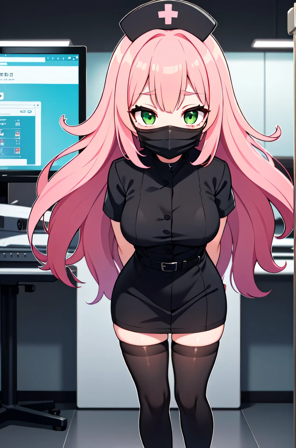 black nurse, 1girl, solo, black nurse cap, black nurse uniform, ((black legwear, zettai ryouiki)), black elbow gloves, pink hair, green eyes, drooping eyes, ((black surgical mask, covered nose)), standing, ((surgery room)), sharp outline, short sleeves, best quality, masterpiece