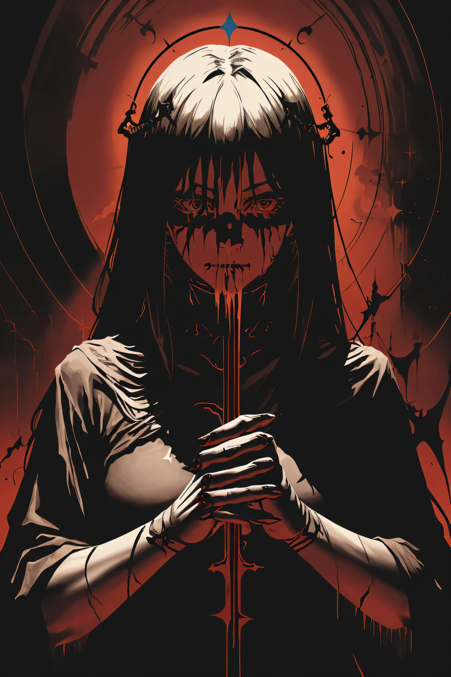 v5lcn style,ink art,(Best Quality,masutepiece:1.2), dark colored ,(extreme high contrast),Dark ink,1girl in,A dark-haired,Shadow on face、4K,resolution, ripped long hair, ring halo on head, Angel Girl, Angelic, horror.