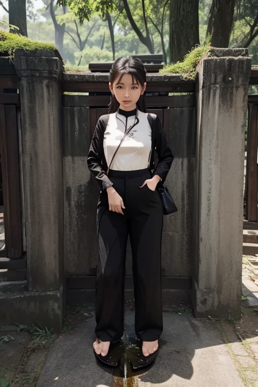 Vietnamese Girl sees the ghost and pees her black ao dai pants until her pants are wet in fright.