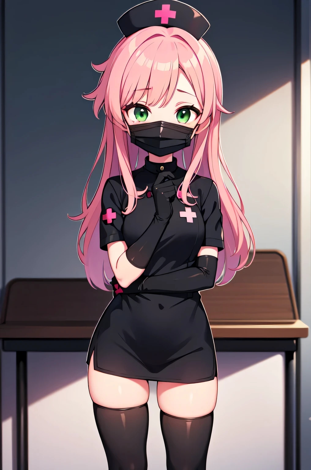 black nurse, 1girl, solo, black nurse cap, black nurse uniform, ((black legwear, zettai ryouiki)), black elbow gloves, pink hair, green eyes, drooping eyes, ((black surgical mask, covered nose)), standing, ((surgery room)), sharp outline, short sleeves, best quality, masterpiece