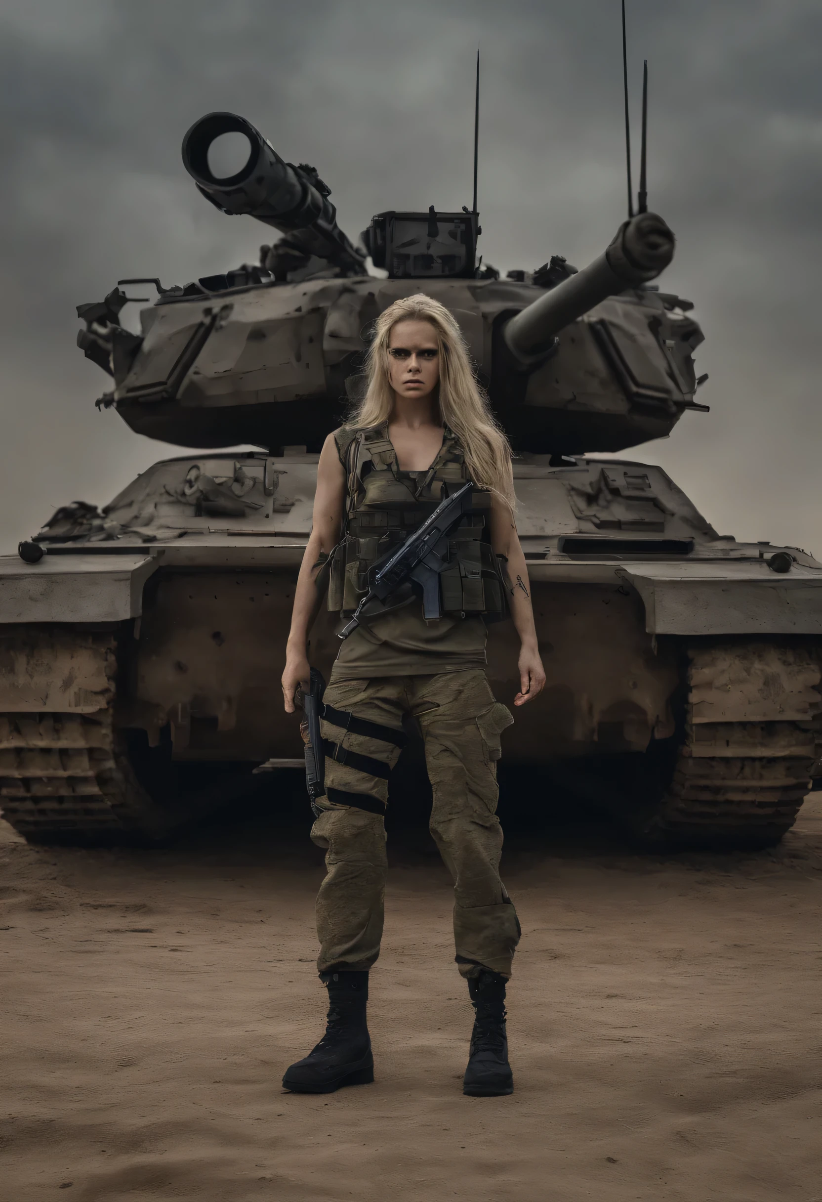 <lora:olivia_vinten_xl_lora:1> olivia vinten woman (low angle, headshot:1.2) photo of woman, she is wearing sukajan , her hair is styled as wet look hair, BREAK she is (standing on top of a Sherman tank:1.1), direct flash photography, Voigtlnder Nokton 50mm f1.1 ,