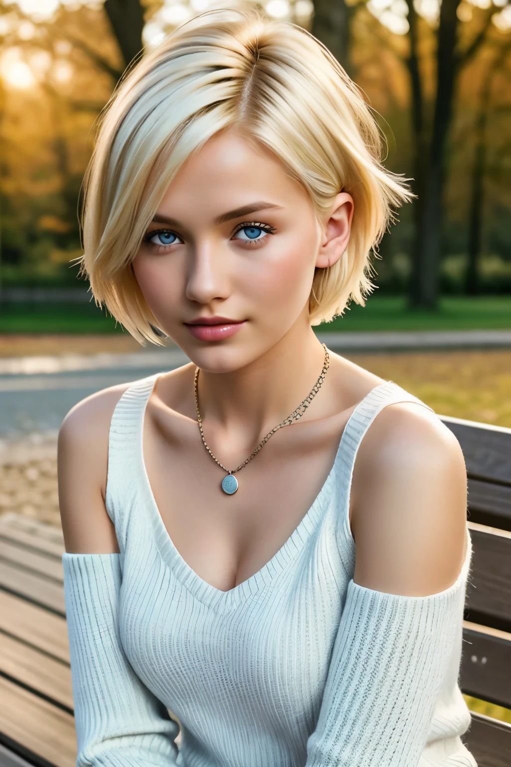 One Girl, 19 years old, alone, View Viewer, Blonde, short hair, Small Bust, Detailed eyes, Upper Body, Sit on a bench, necklace, V-neck sweater, Outdoor, Realistic, sexy, Arms between legs