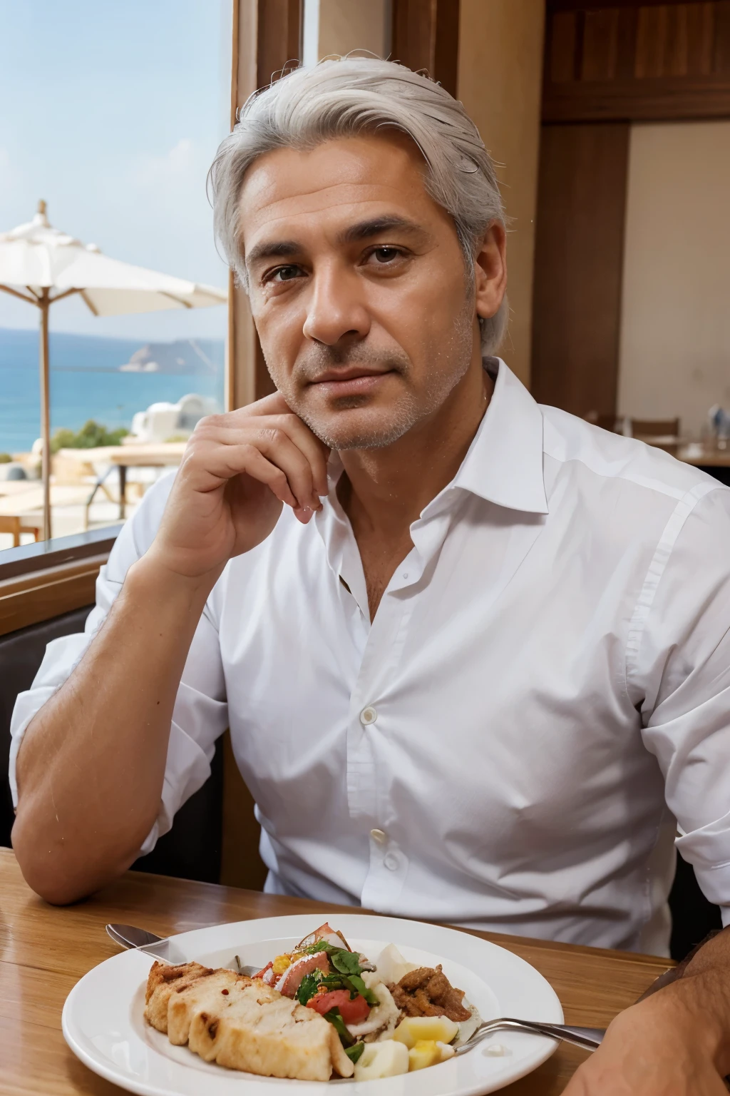 Erkek, 47 years old, handsome, hazel-eyed, beautiful skin, minyon, looking young for his age, White-haired, well-groomed. Masada yemek yerken, in a restaurant with a sea view.