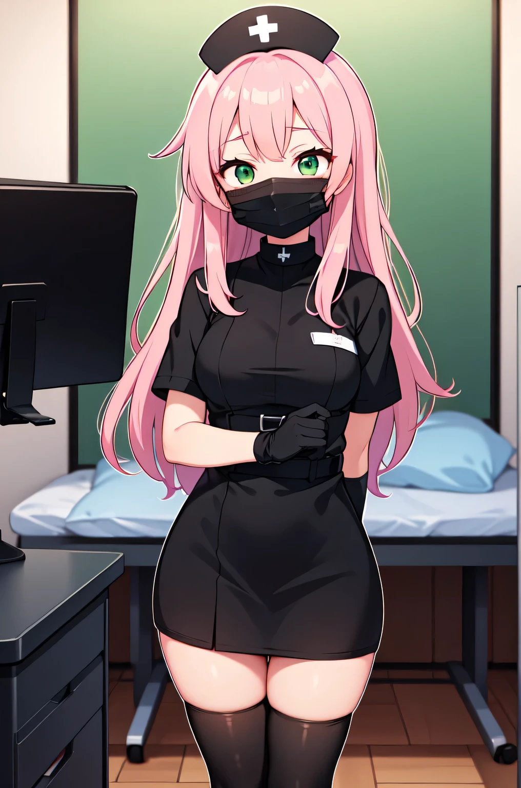 black nurse, 1girl, solo, black nurse cap, black nurse uniform, ((black legwear, zettai ryouiki)), black elbow gloves, pink hair, green eyes, drooping eyes, ((black surgical mask, covered nose)), standing, ((surgery room)), sharp outline, short sleeves, best quality, masterpiece