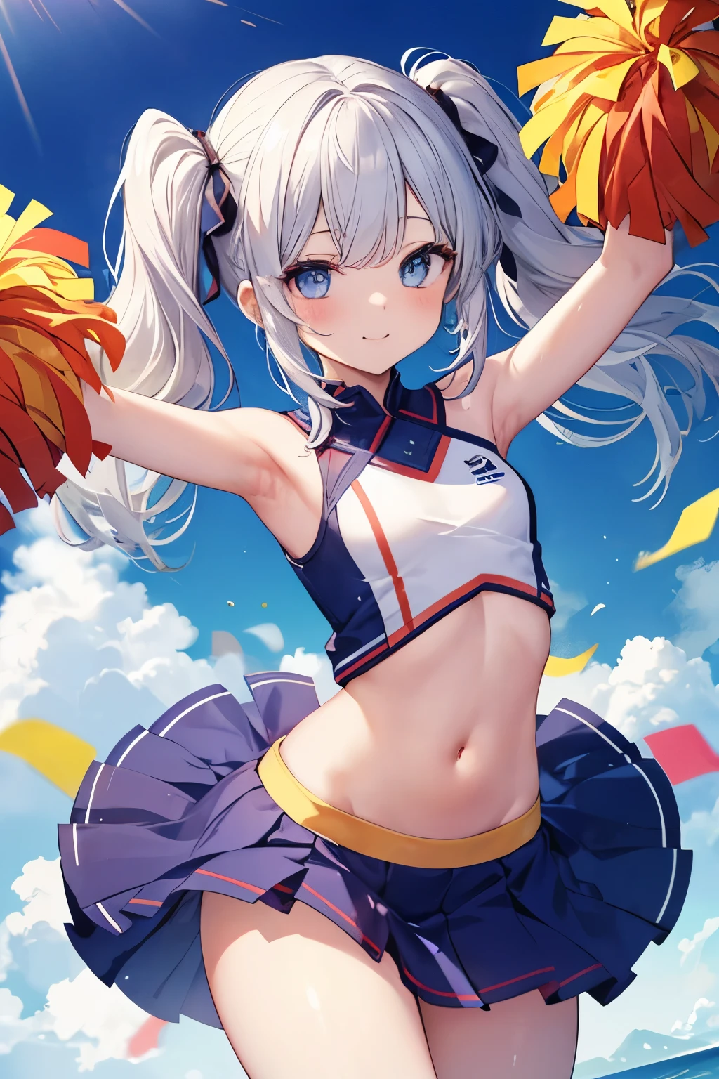 Highest quality, Super quality, 16K, Incredibly absurd, Very detailed, 2.5D, delicate and dynamic, baseball Ground, stand, Colorful Stage, Tiny faint lights and flying confetti, night, Starry Sky, firework, Electronic bulletin board, , , Small face, Extremely delicate facial expression, Delicate eye depiction, Upper body close-up, erotic, sole sexy lady, healthy shaped body, 22 years old lady, Cheerleader, 170cm tall, big firm bouncing busts, 色鮮やかなCheerleaderのコスチューム, A complex costume, Fox-eared headband, short pants, long socks, sports shoes, support, cheer leading, Fox Dance