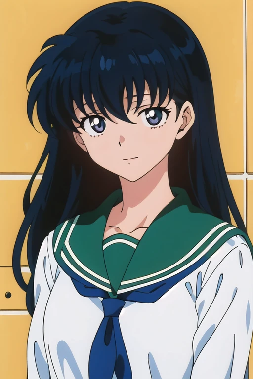 (Best quality, masterpiece:1.3), (detailed:1.2), (Detailed face:1.2), (Detailed eyes: 1.2),1girl, solo, full body portrait, Kagome Higurashi, school uniforms, Black hair between the eyes, long  hair, Standing, young girl, ((anime)), ((Colored)),