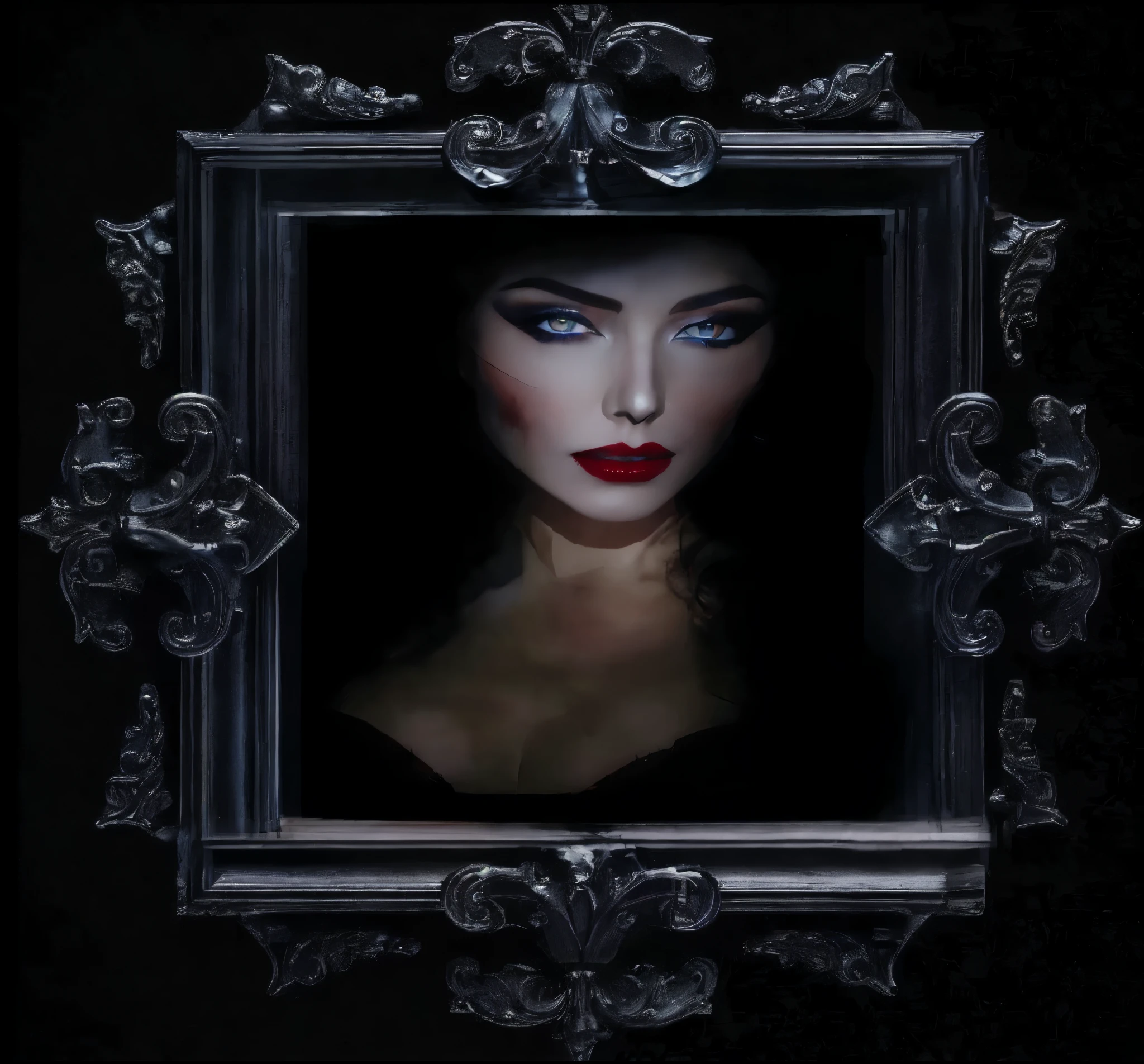 arafed picture of a woman with blue eyes and a red lip, vampire portrait, creepy gothic portrait, gothic face, portrait of a lady vampire, portrait of beautiful vampire, portrait of a vampire, mysterious portrait, elegant victorian vampire, portrait of a dark goddess, portrait of a dark witch, carmilla vampire, dark fantasy portrait, beautiful vampire queen, gothic makeup