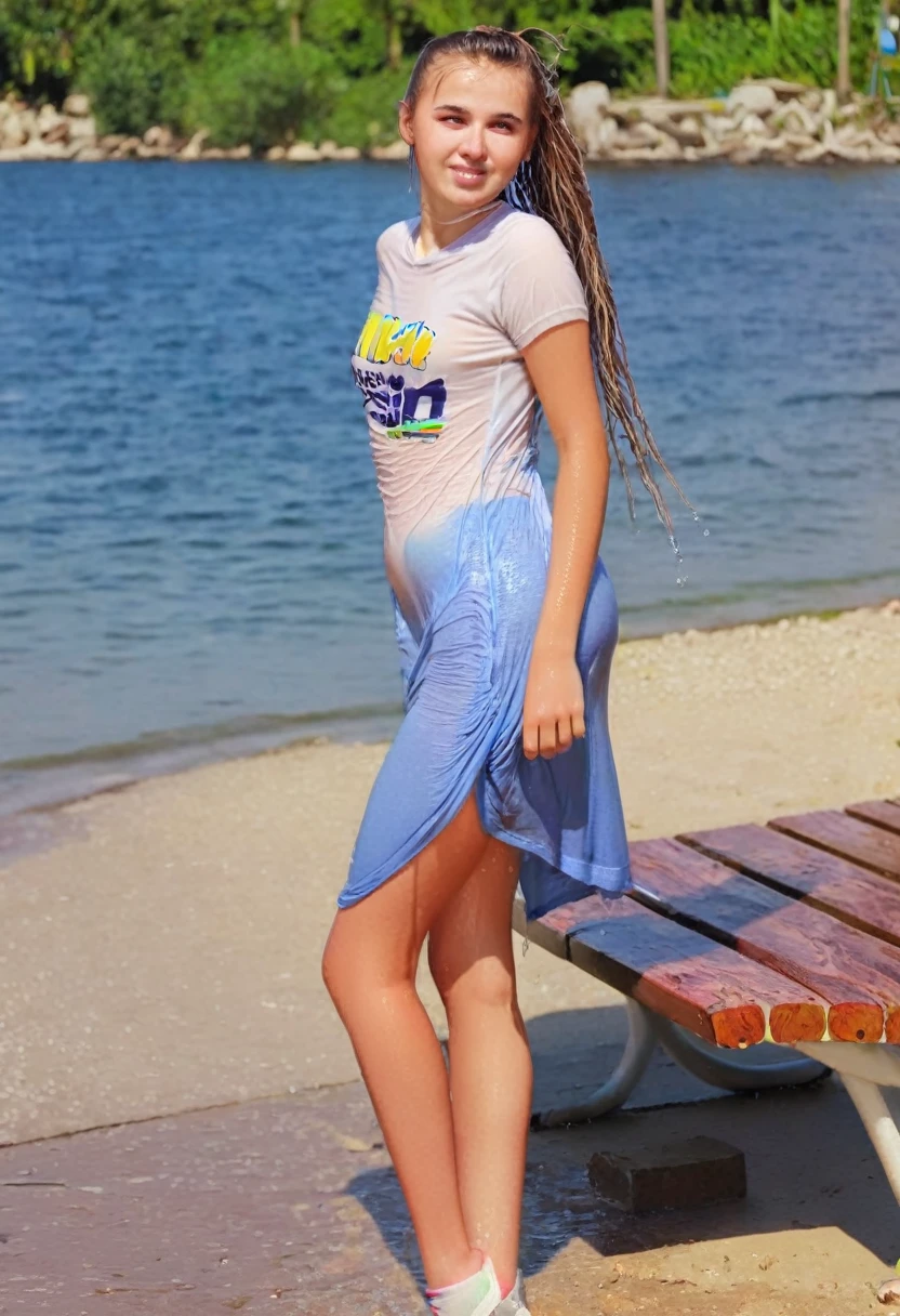 A soaked wet very embarrassed 18 years old girl, with long wet curly hair and bangs ponytail, is sitting on a bench on a paradise beach. She wears a t-shirt styled as a dress, clearly not prepared for the water attractions. In the background, the backyard beach is full of visitors having fun, with waves and sand. The girl looks a little out of place, but is watching the movement around her, w3t, wetclothes, soakingwetclothes, ((cutest young face)), cuties ((full body)), full-length shot, slimwoman