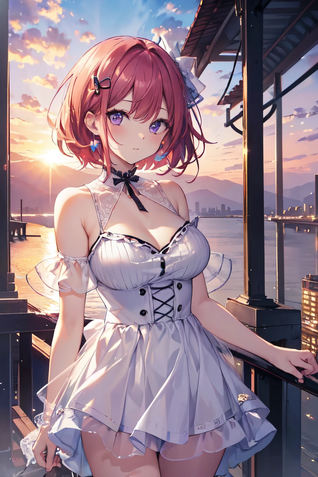 (((masterpiece、high resolution、high quality、Delicate、Ultra-high resolution、8k)))1 female、 Purple eyes,((Short Red Hair)), blouse,Beautiful breasts、 White shorts, break、On Bridge、skyscraper、Sunset、evening、sunlight、Fluctuation