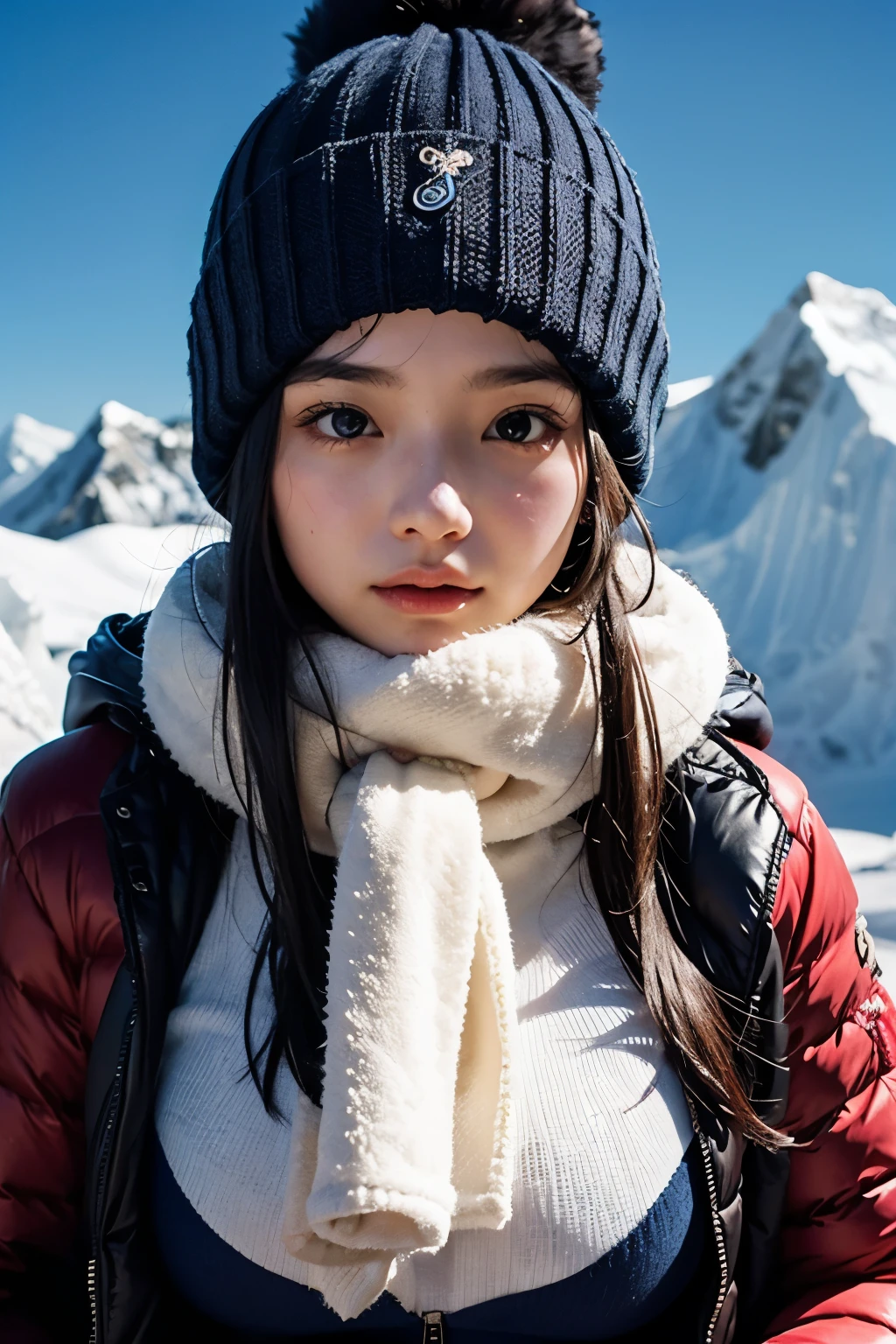 Japanese elementary school girl, off-shoulder, sweet expression, winter, Kluane National Park, Canada, snowy field, heavy snow