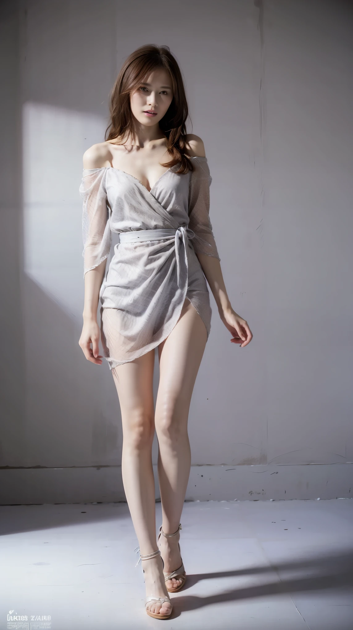 highest quality,masterpiece,Ultra-high resolution,(Actual:1.4),Original photo,Ultra-high resolution，8k，There are women，Fair skin、Sheer silver mesh mini dress，High heels，Long legs:1.5，Bright and beautiful，high waist，Flashy makeup using red eyeshadow，Gray background，