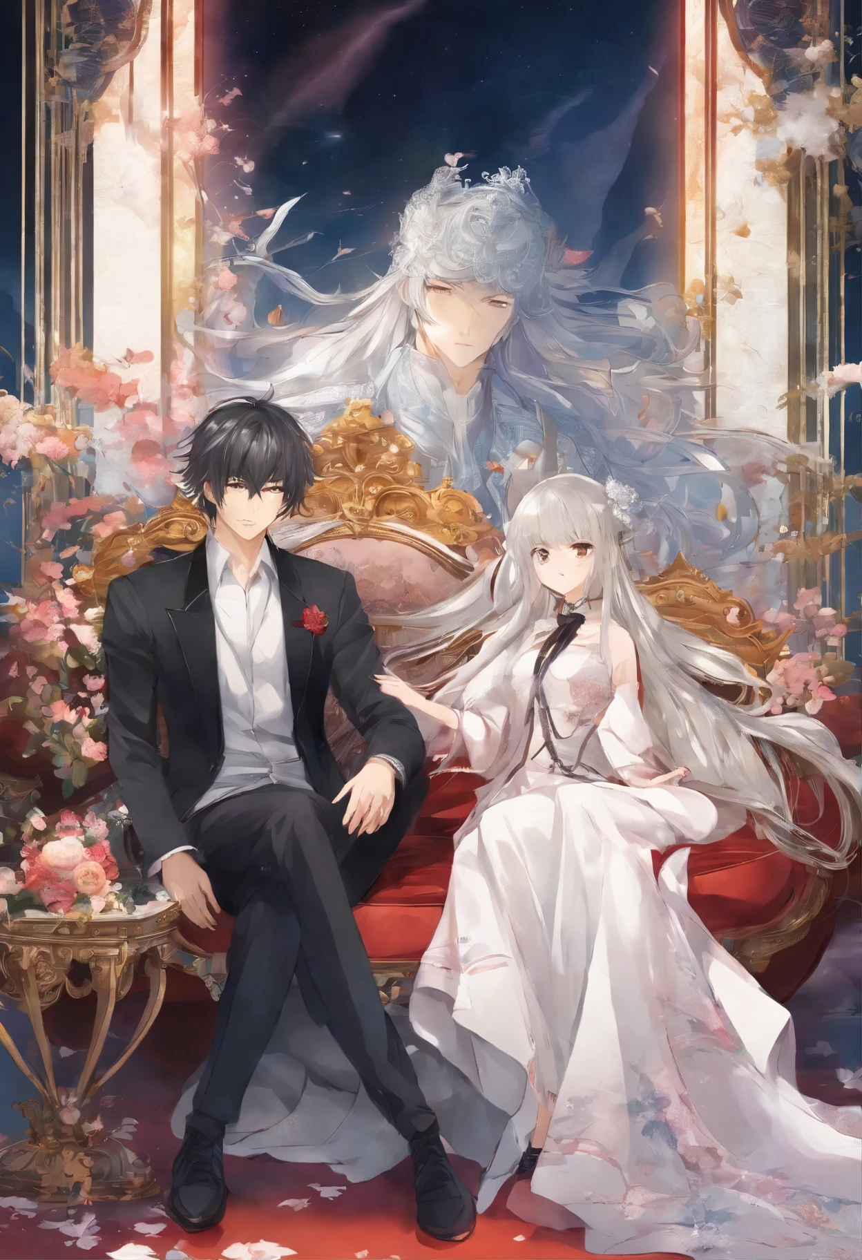 there is a man and woman sitting on a chair in a room, manhwa, on her throne, anime key visual of elegant, official fanart, high detailed official artwork, sakimichan and frank franzzeta, sitting on her throne, sitting on the throne, style of hajime isayama, art cover illustration, highly detailed exquisite fanart