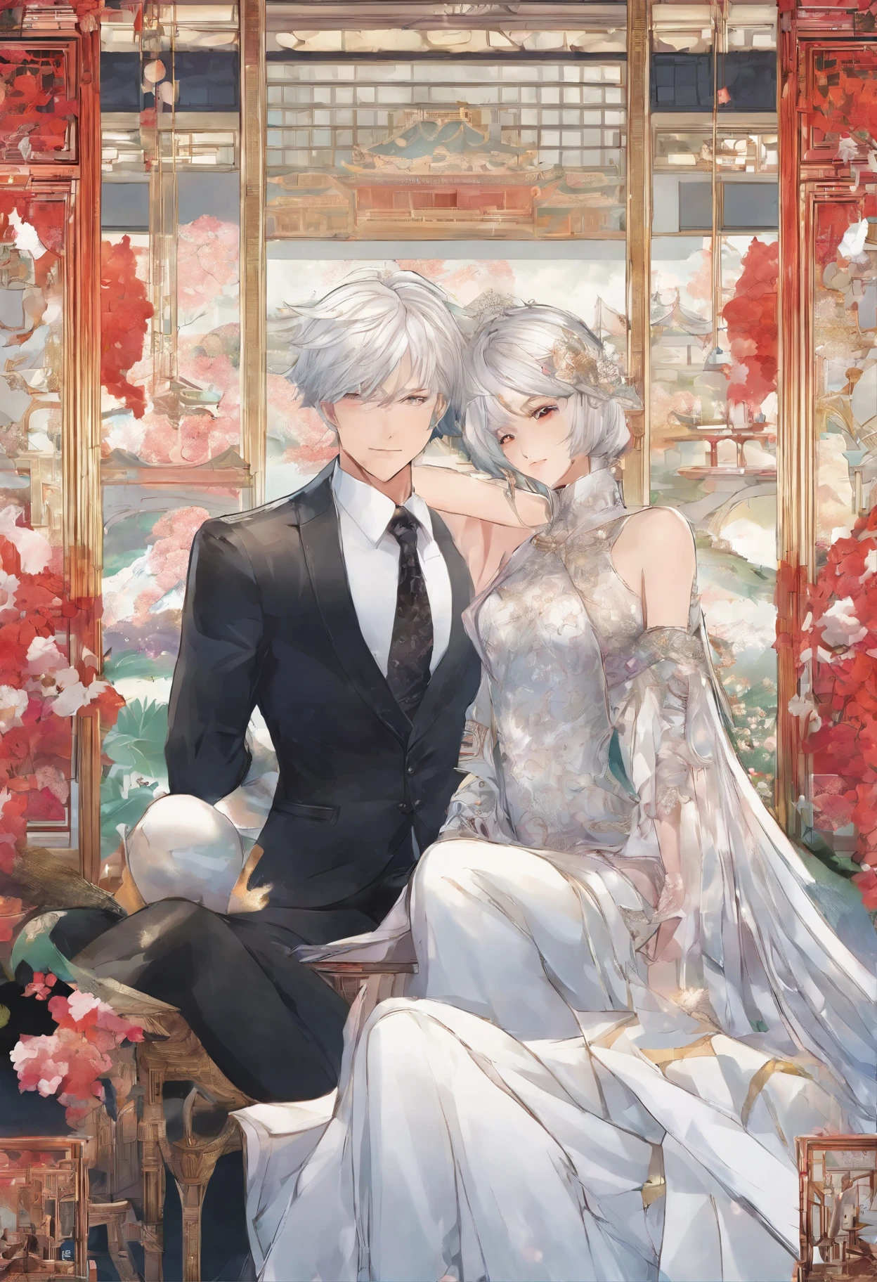 there is a man and woman sitting on a chair in a room, manhwa, on her throne, anime key visual of elegant, official fanart, high detailed official artwork, sakimichan and frank franzzeta, sitting on her throne, sitting on the throne, style of hajime isayama, art cover illustration, highly detailed exquisite fanart